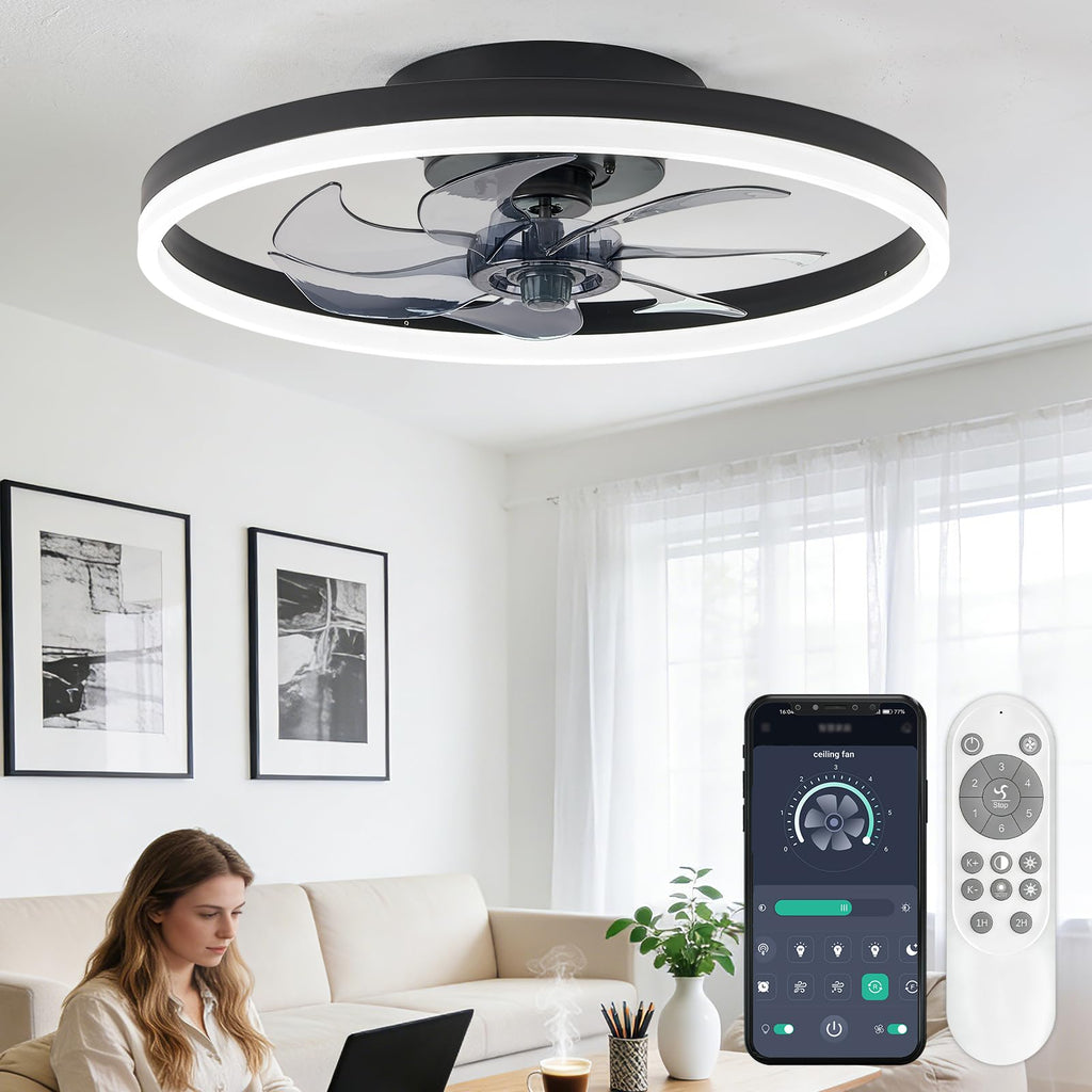 16 Inch RGB Low Profile Ceiling Fans with Lights, Modern Flush Mount Fandelier Chandelier Fixture, Remote & APP Control, Black LED Ceiling Fan Light for Bedroom, Living Room, Kitchen Indoor