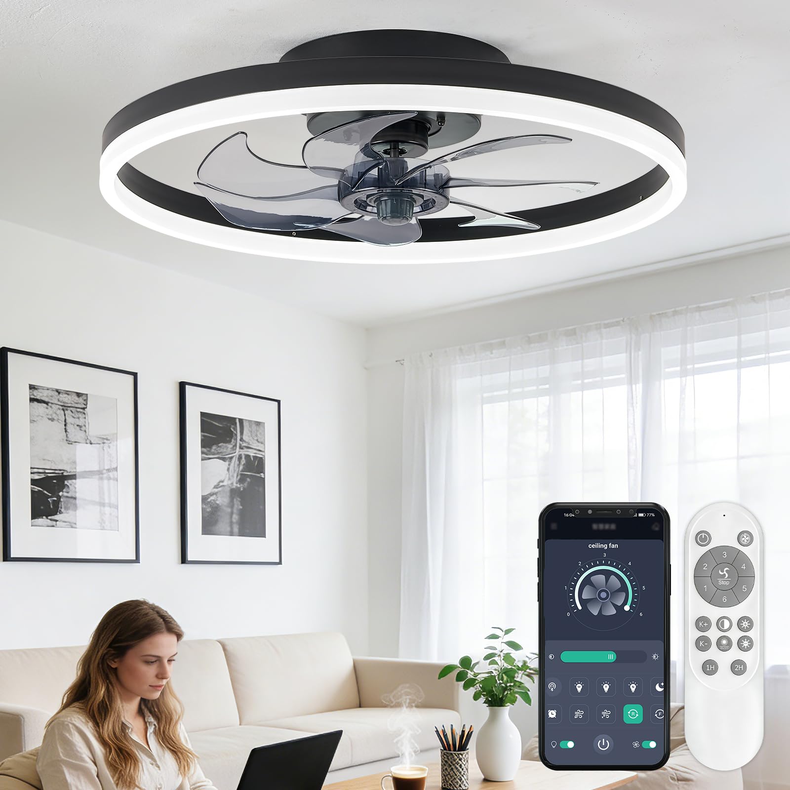 16 Inch RGB Low Profile Ceiling Fans with Lights, Modern Flush Mount Fandelier Chandelier Fixture, Remote & APP Control, Black LED Ceiling Fan Light for Bedroom, Living Room, Kitchen Indoor