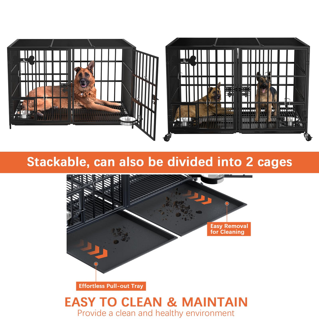 Dosker 42 inch Heavy Duty Metal Dog Crate with Divider for 2 Dogs/Large Dog, All Metal Open Top Escape Proof Cage, Indoor Dog Kennel with Wheels, Floor Grid, Tray, Feeding Bowl