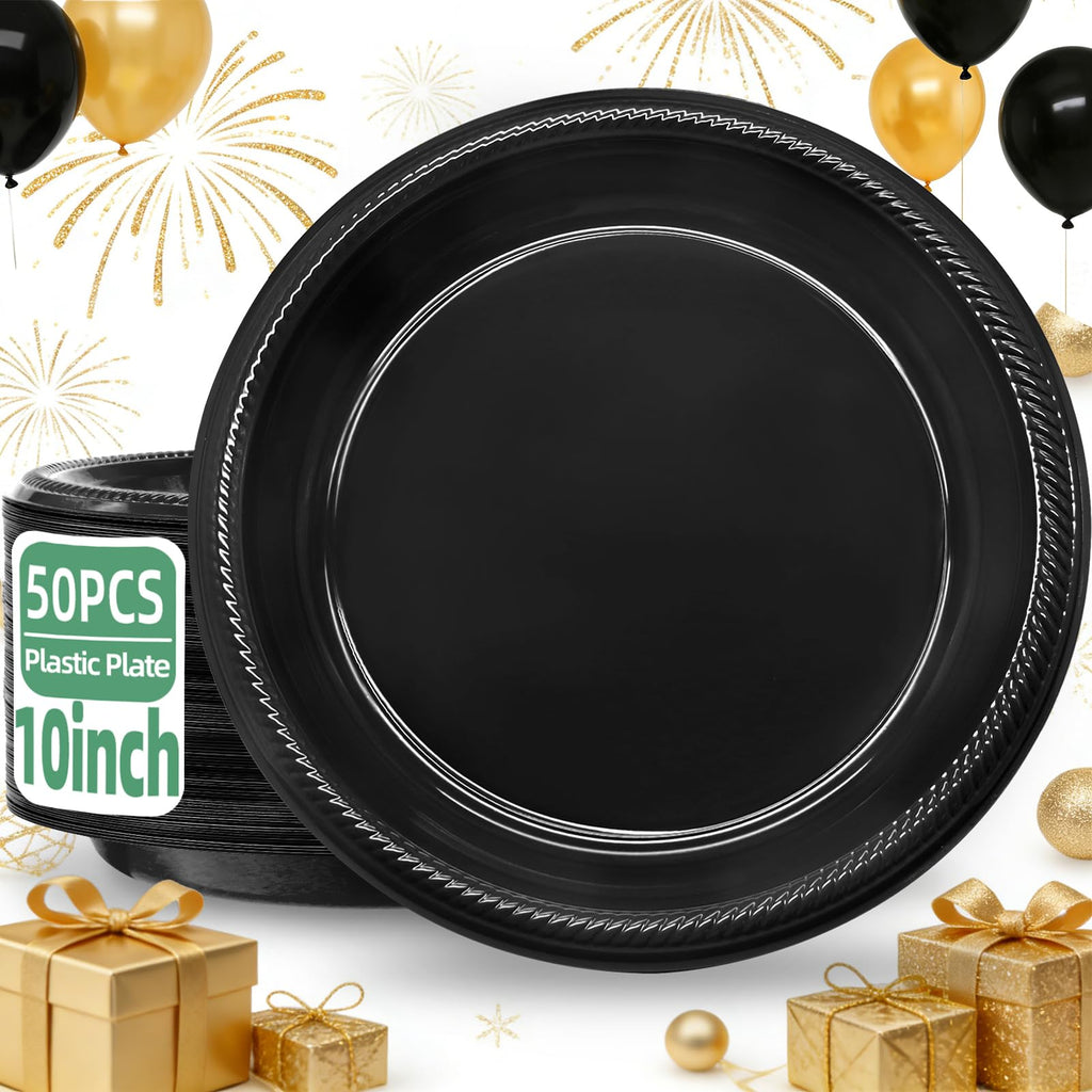 50 Pcs Black Plastic Plates, 10 Inch Black Plates, Black Party Plates Disposable for Birthday Weddings Fathers Day World Cup