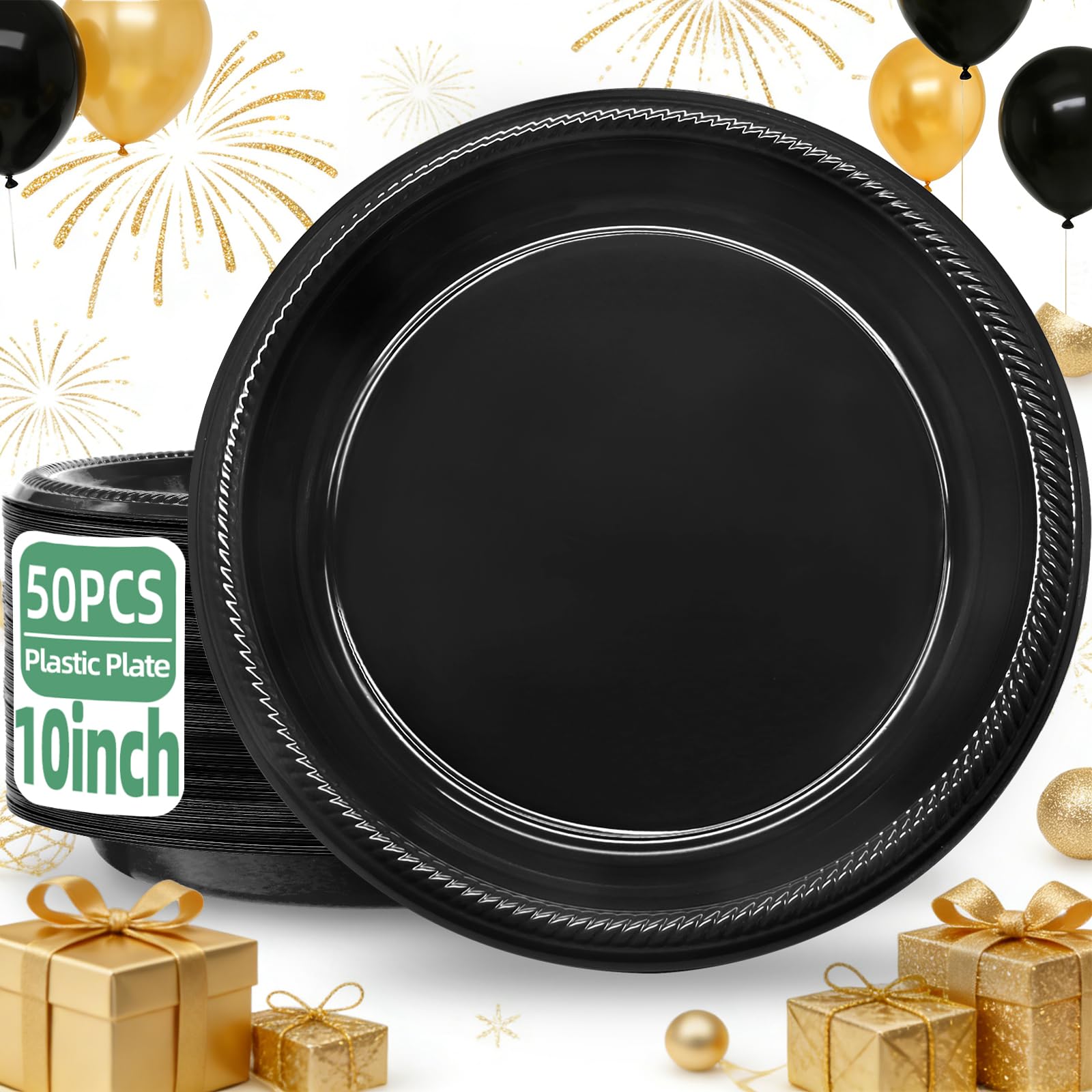 50 Pcs Black Plastic Plates, 10 Inch Black Plates, Black Party Plates Disposable for Birthday Weddings Fathers Day World Cup