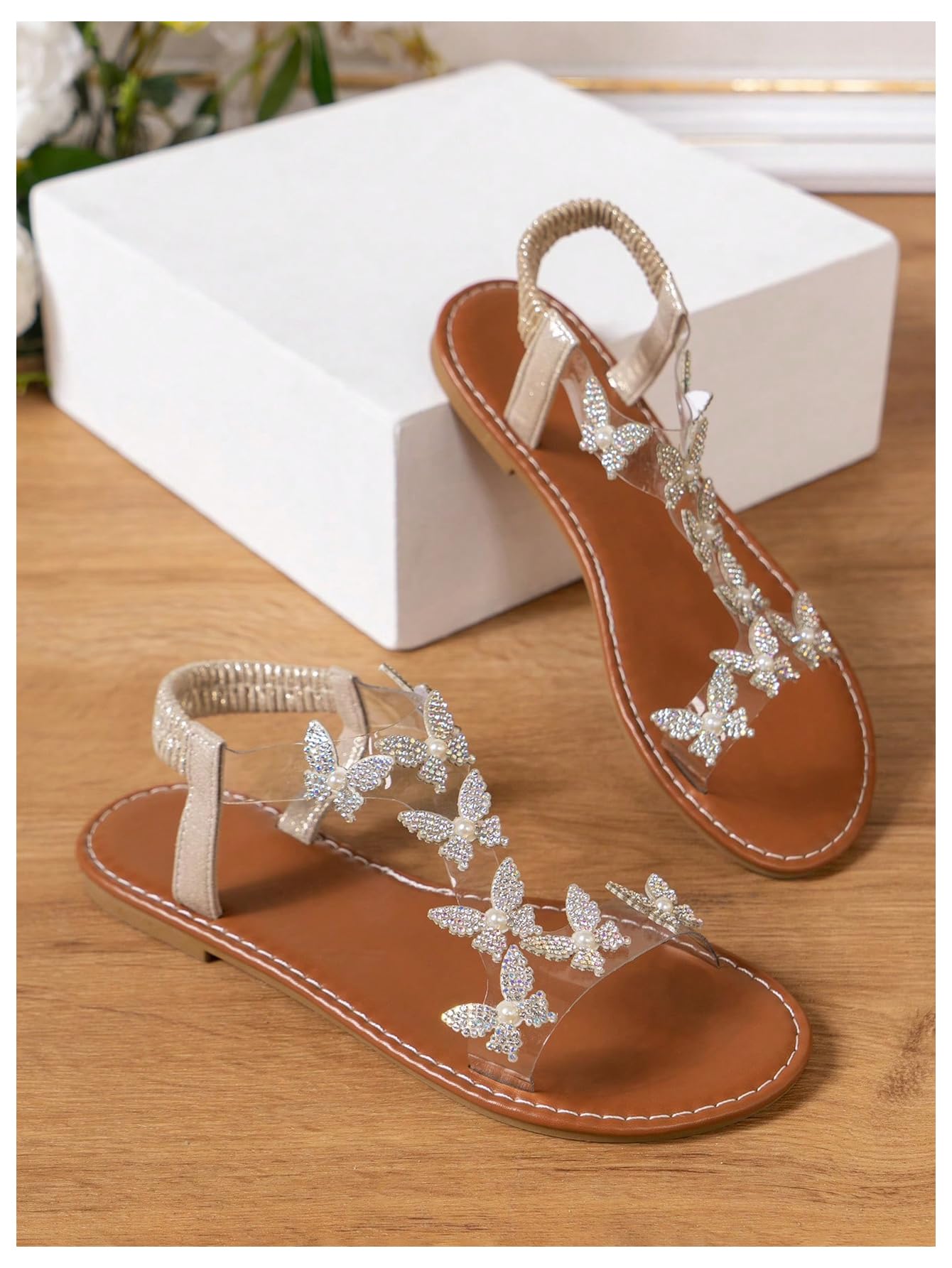 Floerns Women's Elegant Rhinestone Butterfly Transparent Elastic Strap Summer Flat Sandals