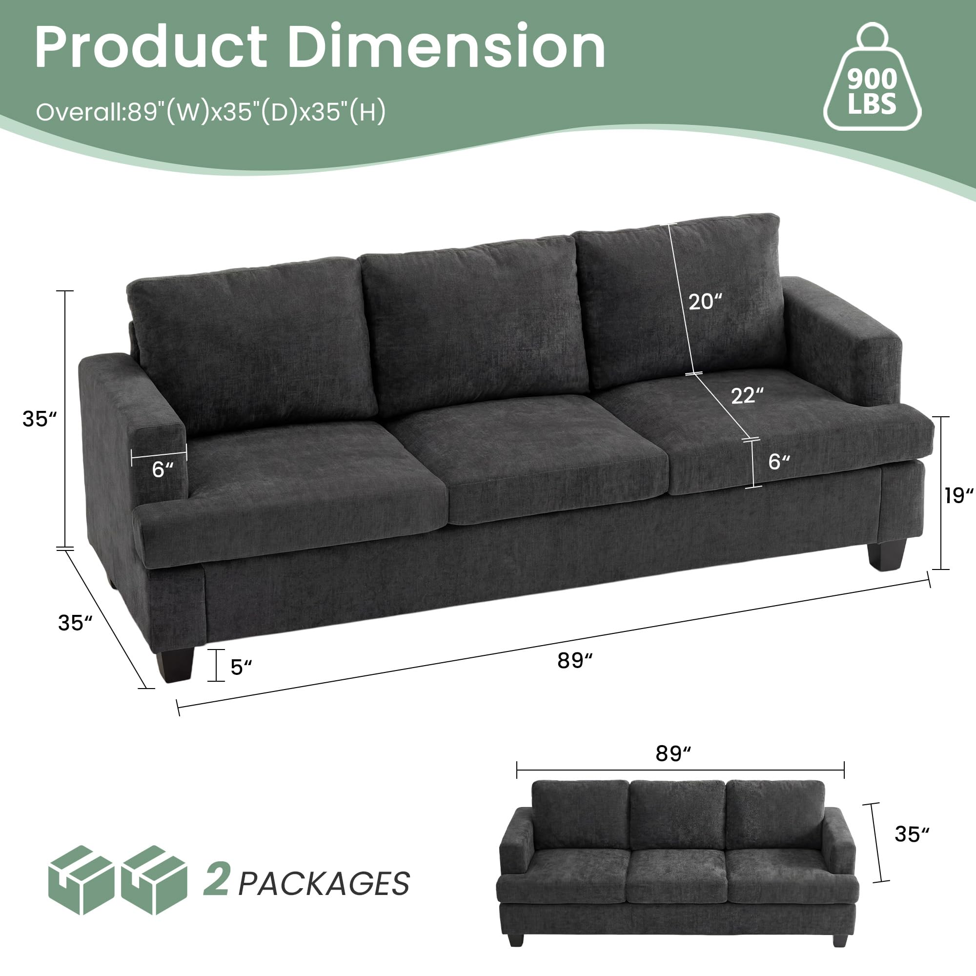 YOUDENOVA 2 Piece Set Comfy Sofa Couch, Loveseat Sofa * 2 with Deep Seats, Modern Sleeper Couch for Living Room, Black Corduroy