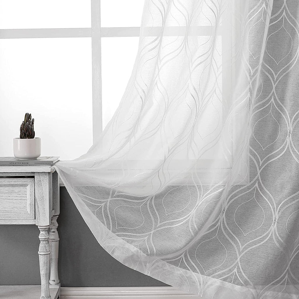 VISIONTEX Sheer Curtains 63 Inches Long 2 Panels Set, Beige and Ivory Moroccan Embroidery Texture Geometric Rod Pocket White Voile Tulle Semi Window Treatment Pair for Bedroom, W54 x L63
