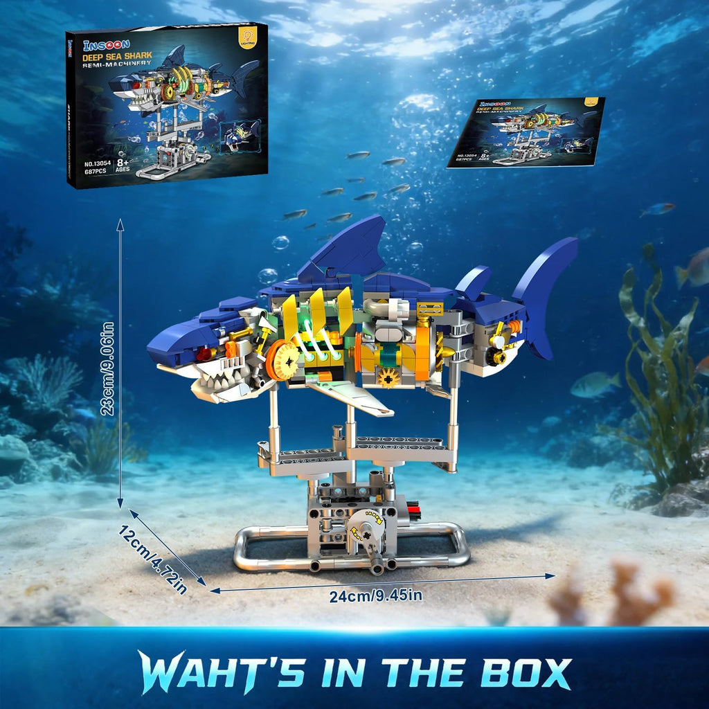 INSOON Mechanical Shark Building Set with LED Light, 687 PCS Interactive Building Block Model with Display Stand, Movable Ocean Animal STEM Toy, Home Decor Gift for Adults Teens Kids Boys Ages 8-12+