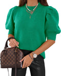 Women's Puff Short Sleeve Sweater Tops 2025 Summer Fall Trendy Knit Crew Neck Casual T Shirts Blouses