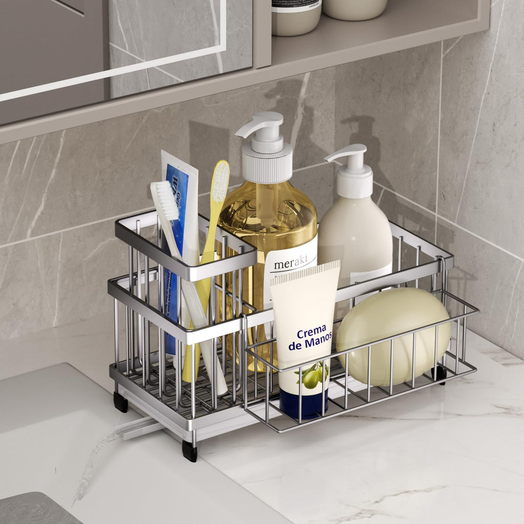 SWTYMIKI Sponge Holder for Kitchen Sink - Sink Caddy with Brush Holder Self-draining Sponge Caddy Organizer with Divider Stainless Steel Kitchen Accessories Storage for Countertop, Black