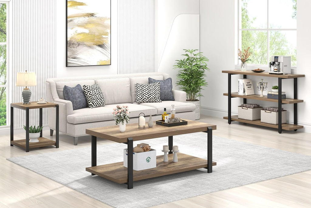 FOLUBAN Black Coffee Table, Modern Rustic Wood Center Table with Storage for Living Room, Industrial Rectangle 2 Tier Cocktail Tea Table, Black Oak
