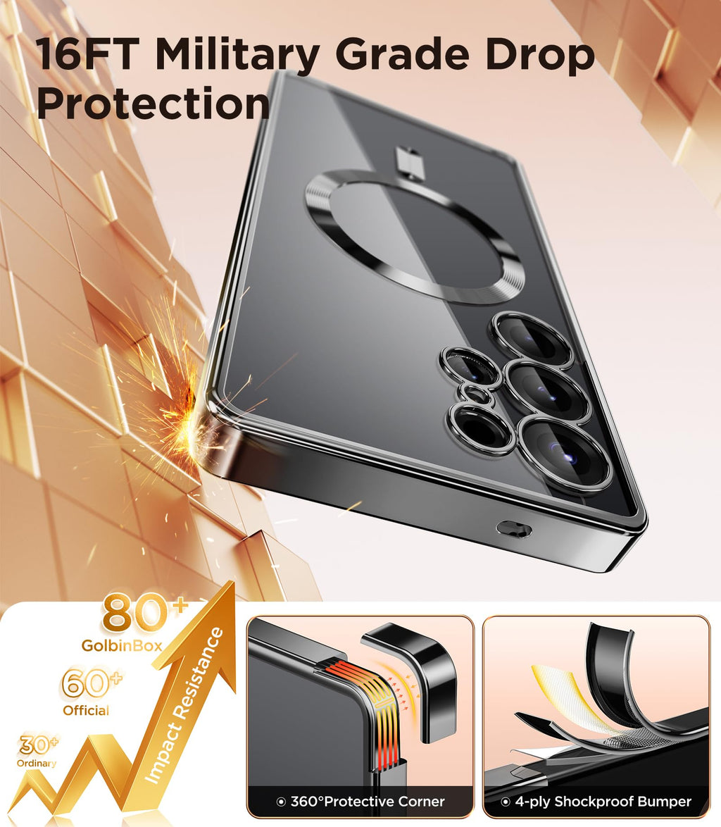 Magnetic Case Compatible with Samsung Galaxy S25 Ultra,Compatible with MagSafe,[Full Camera Protection][Screen Protector] Shockproof Plating Clear Phone Cover for Galaxy S25 Ultra(Black/Clear)