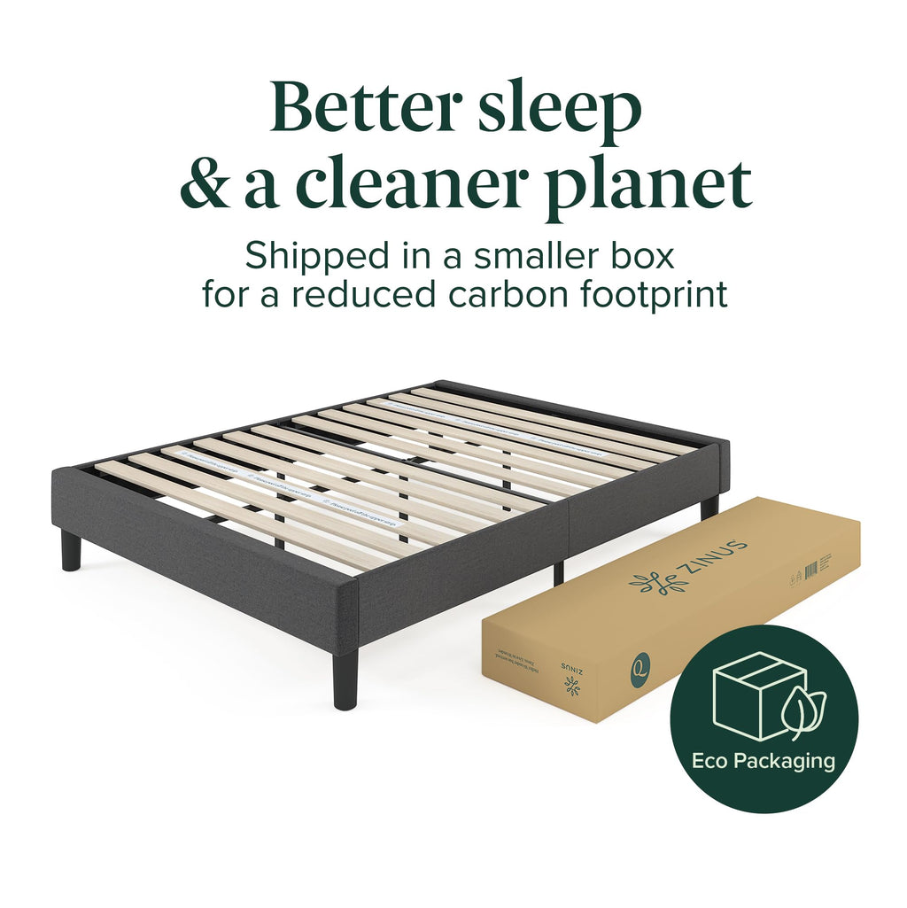 Zinus Curtis Upholstered Platform Bed Frame, Mattress Foundation, Wood Slat Support, No Box Spring Needed, Eco Friendly WonderBox (TM) Packaging, Dark Grey, Full