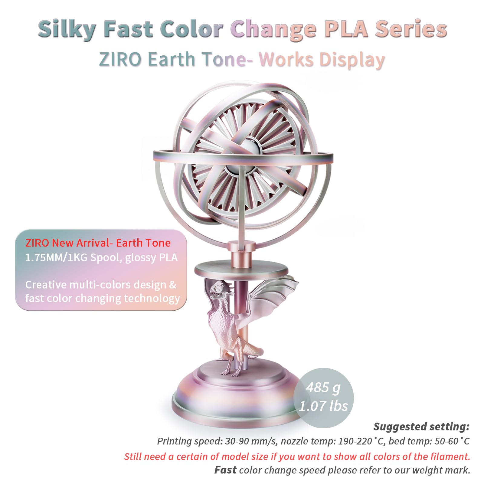 ZIRO Fast Color Change PLA, 1.75mm Color Gradient Filament, Glossy Rainbow PLA Filaments, Fit Most 3D Printer Pen, Shiny Surface 1KG/2.2lbs Spool, Aqua Sky (Silk)