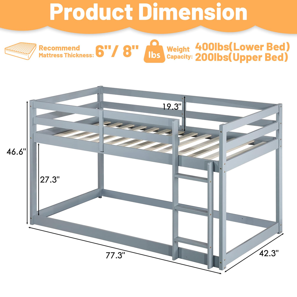 Bunk Bed Twin Over Twin, Wood Low Profile Floor Twin Bunk Beds with Headboard Ladder Guardrails for Kids Boys and Girls, No Box Spring Needed