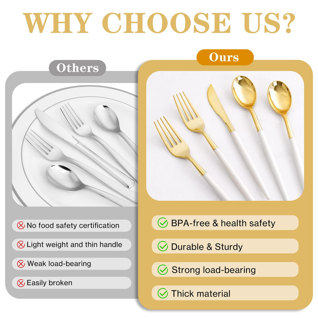 Supernal 102 Pcs Black and Gold Plastic Silverware Set,Heavy Duty Gold Disposable Cutlery for 34 Guests (34 Forks,34 Spoons,34 Knives),Elegant Plastic Flatware for Weddings,Parties & Upscale Events