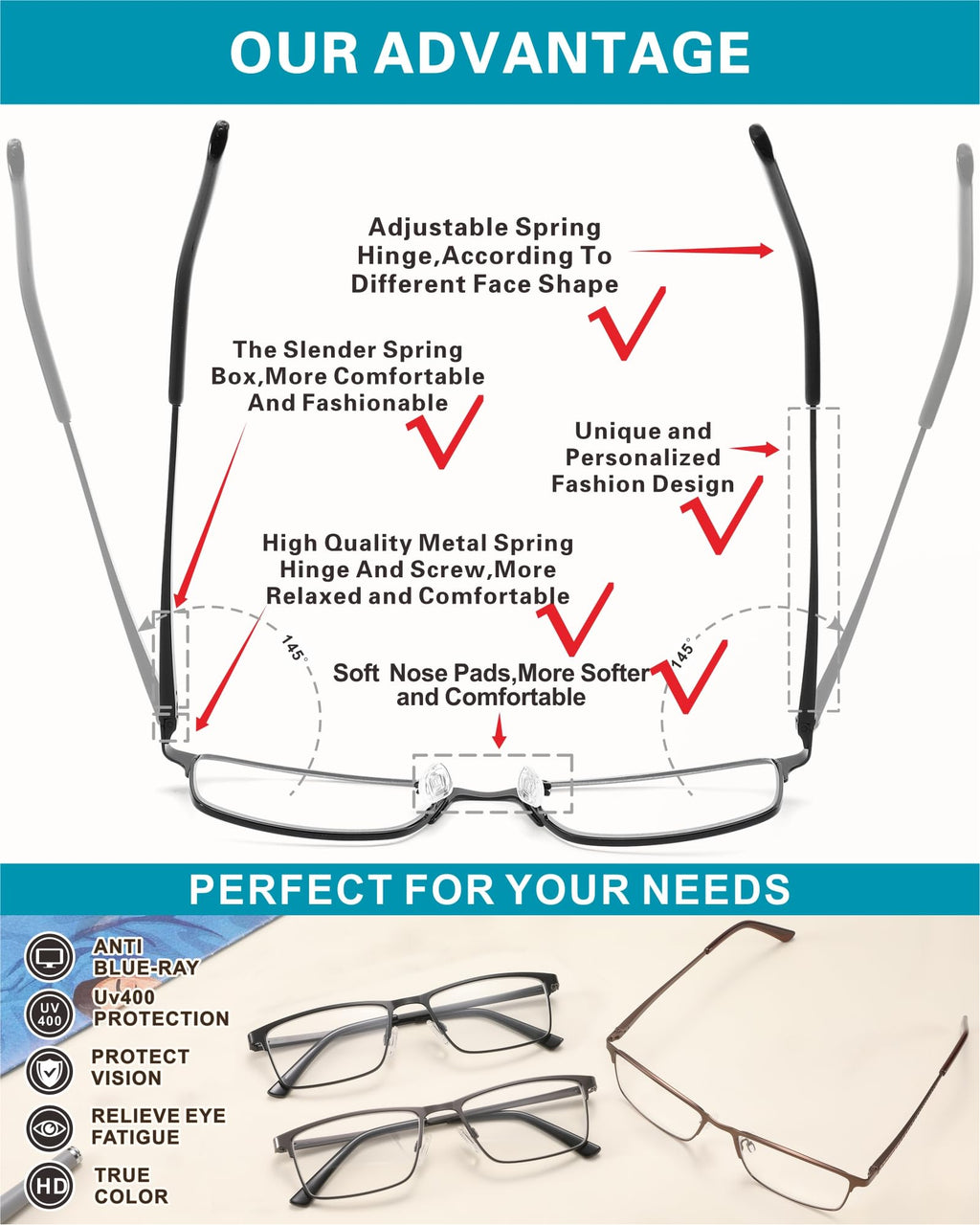 acavefox 3 Pack Blue Light Blocking Reading Glasses Men's Readers 1.0-4.0 | Accurate 1.0 Magnification, Anti UV, Lightweight and Sturdy, Metal Full Frame, Spring Hinge Eyeglasses