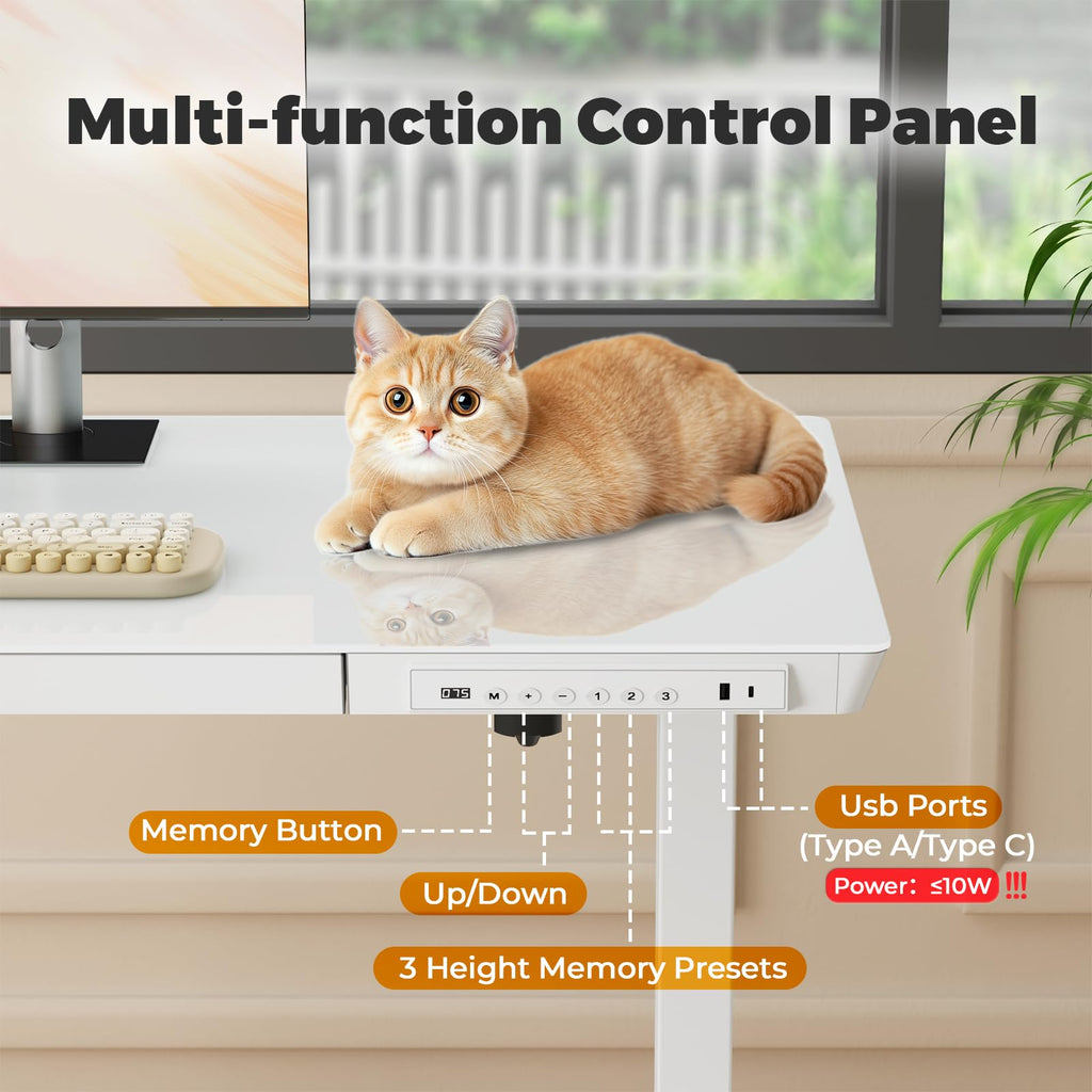Glass Electric Standing Desk with Drawer, 35" x 20" Whole Piece Tabletop Samll Sit Stand Table, Height Adjustable Workstation with Storage & USB Ports, Quick Install Home Office Desk
