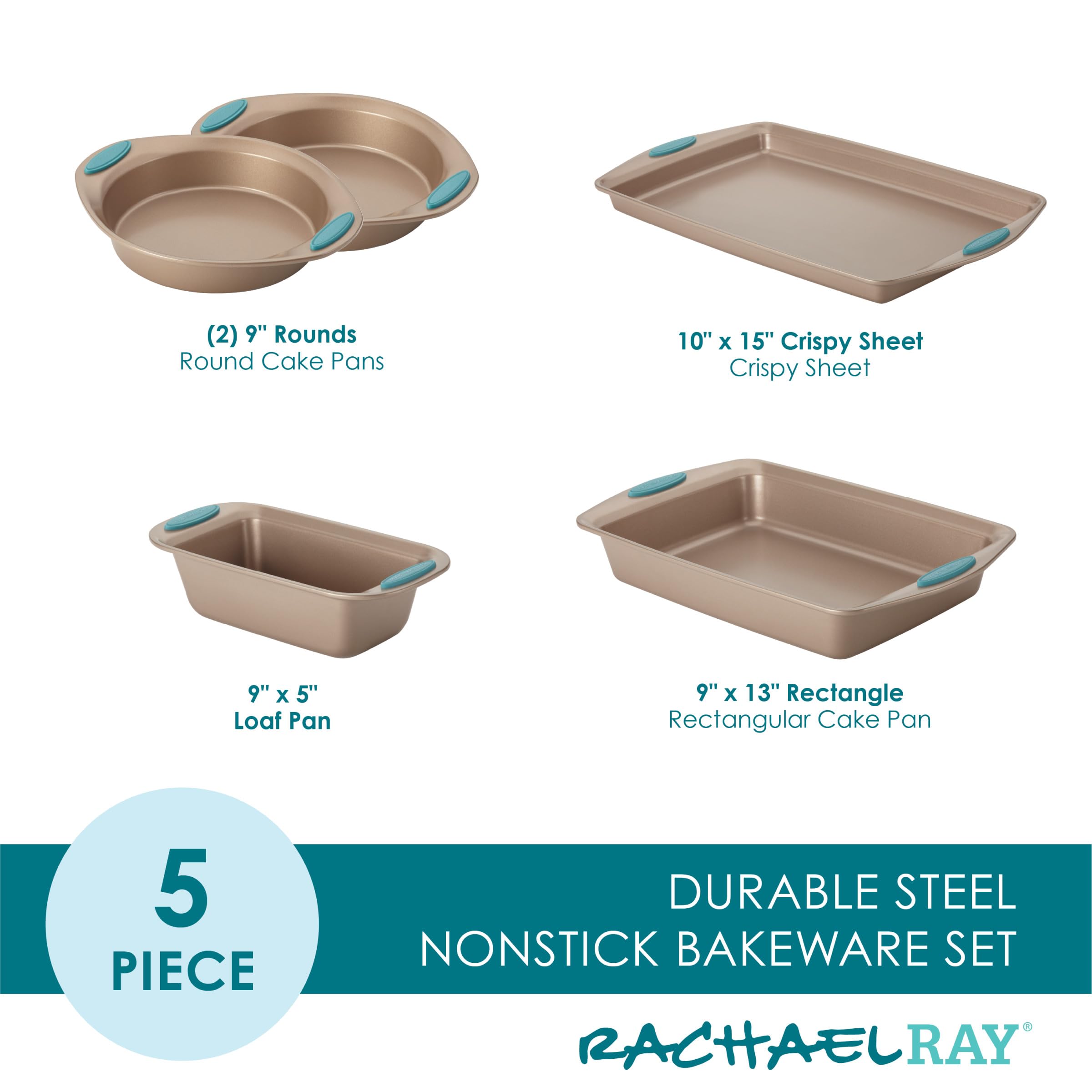 Rachael Ray Cucina Bakeware Set Includes Nonstick Cake Cookie Baking Sheet and Muffin Cupcake Pan, 4 Piece, Latte Brown with Agave Blue Grips