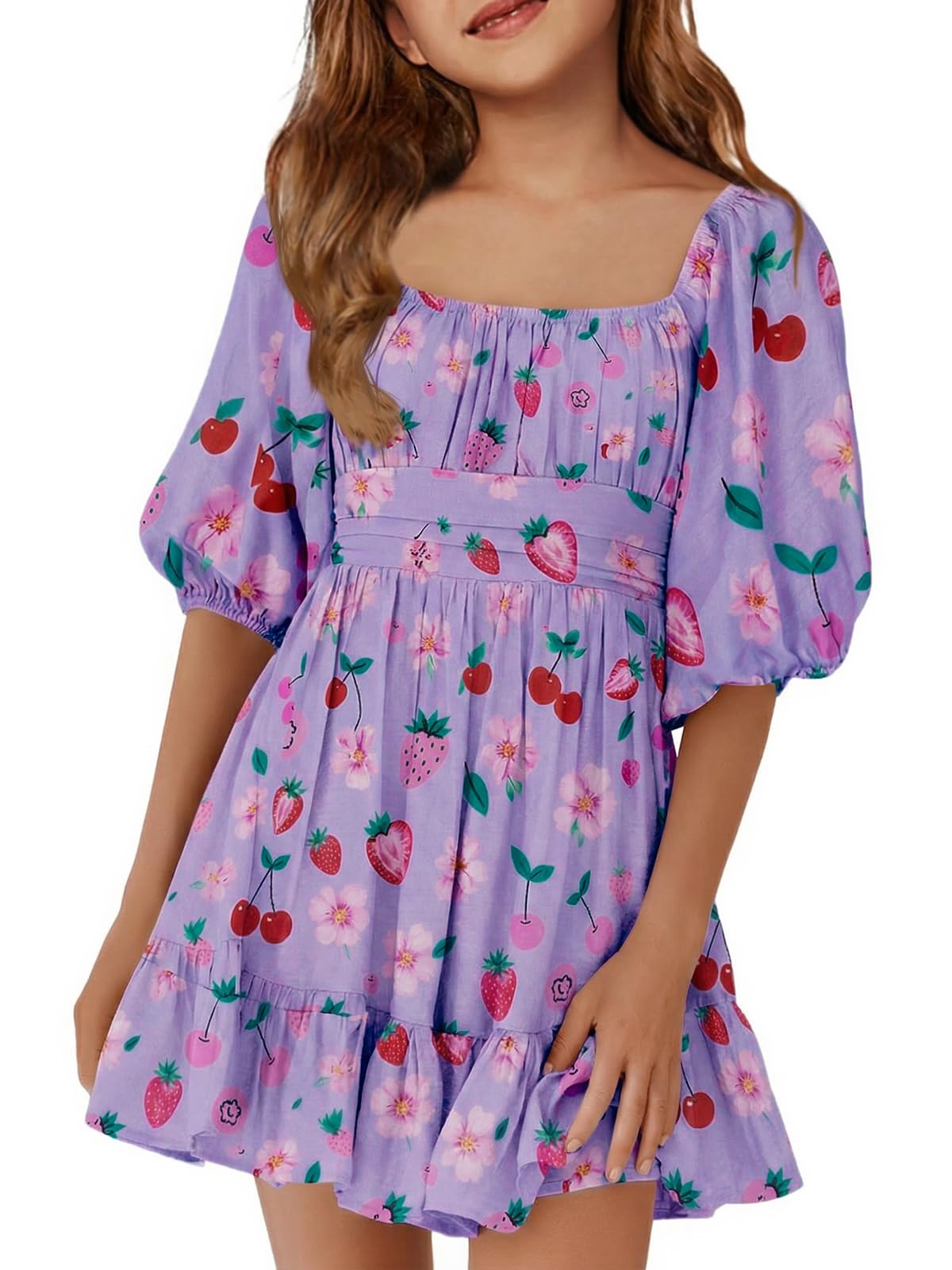 Girls Summer Dresses Square Neck Lantern Sleeve Tie Backless Ruffle A-Line Party Mini Dress