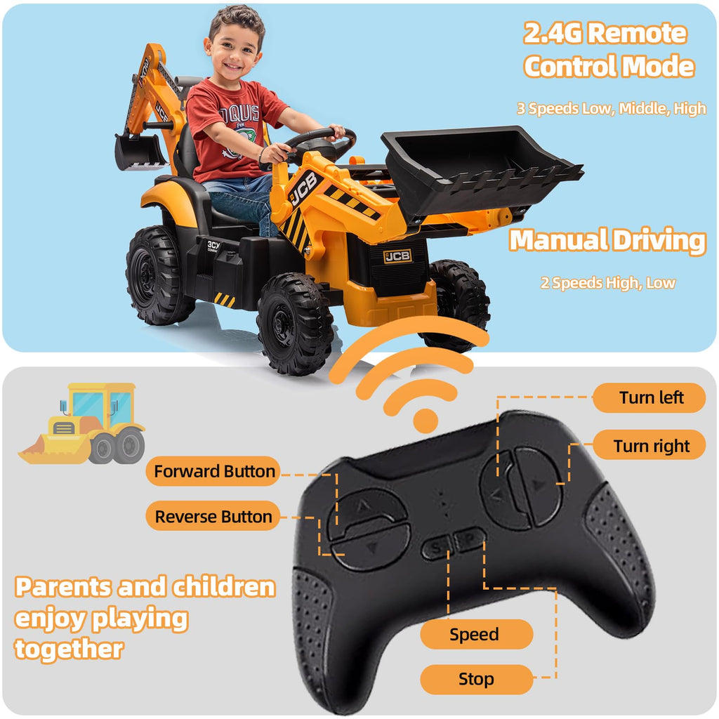 24V JCB Ride On Excavator for Kids, 3-in-1 Ride On Backhoe Digger with Front Loader & Rear Arm, Remote Control, Slow Start/Stop, Adjustable Speeds, Electric Construction Vehicle Toy for Ages 3–8
