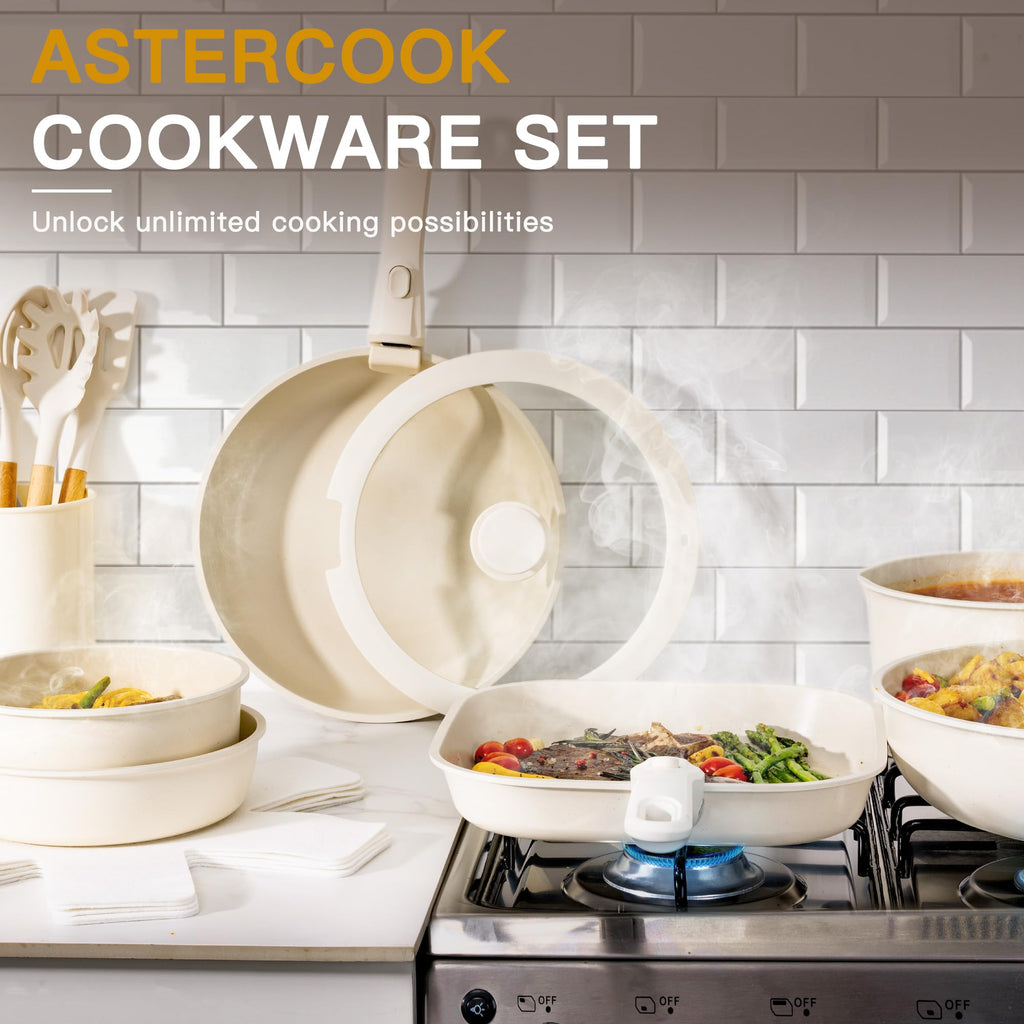 Astercook 21 Pcs Pots and Pans Set Non Stick, Ceramic Cookware Set Detachable Handle, RV Kitchen Cooking Set Removable Handles, Oven Safe, Induction Ready, Stackable, Black, Mothers Day Gifts