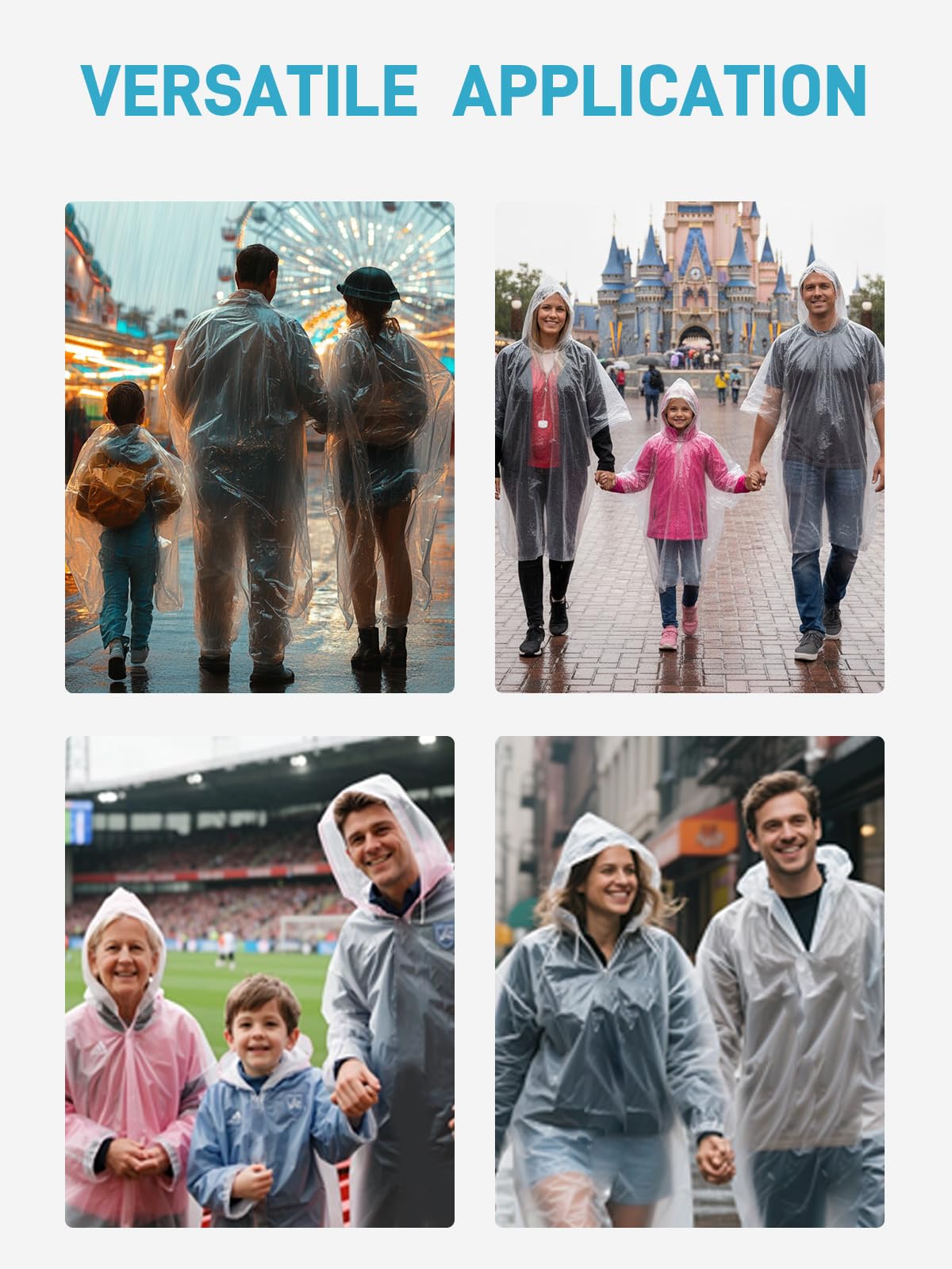 SaphiRose Disposable Rain Ponchos for Adults, 4 Pack Family Pack Clear Emergency Hooded Raincoat for Travel Camping