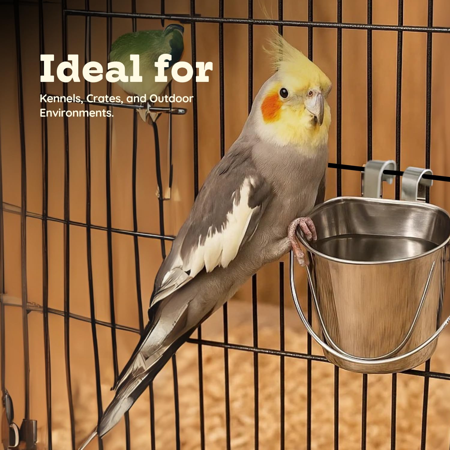 1 quart Stainless Steel Flat Sided Bucket with Dual Hooks | 0.25 gal Durable Food & Water Bowl for Dog Cat Bird & Small Animals | Fits kennel Cage Critter Crate | Hanging Utility Pet Pail