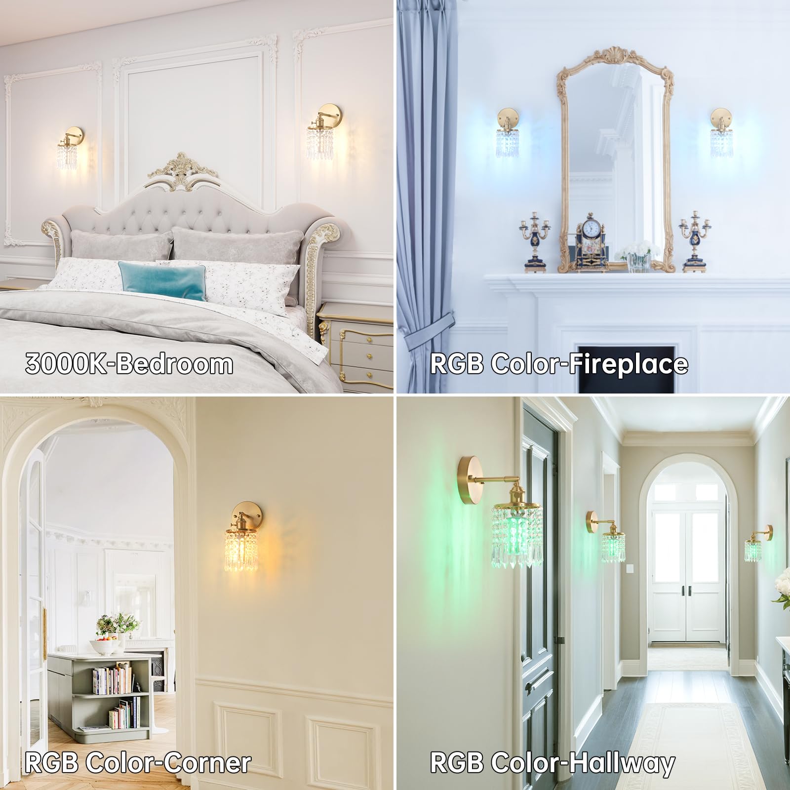 Shenmoyl Set of 2 Crystal Battery Operated Wall Sconce, Rechargeable Battery Powered Wall Lamp with Remote Control, Modern Dimmable Wall Lights for Bedroom Bathroom(Green, Gold Base)