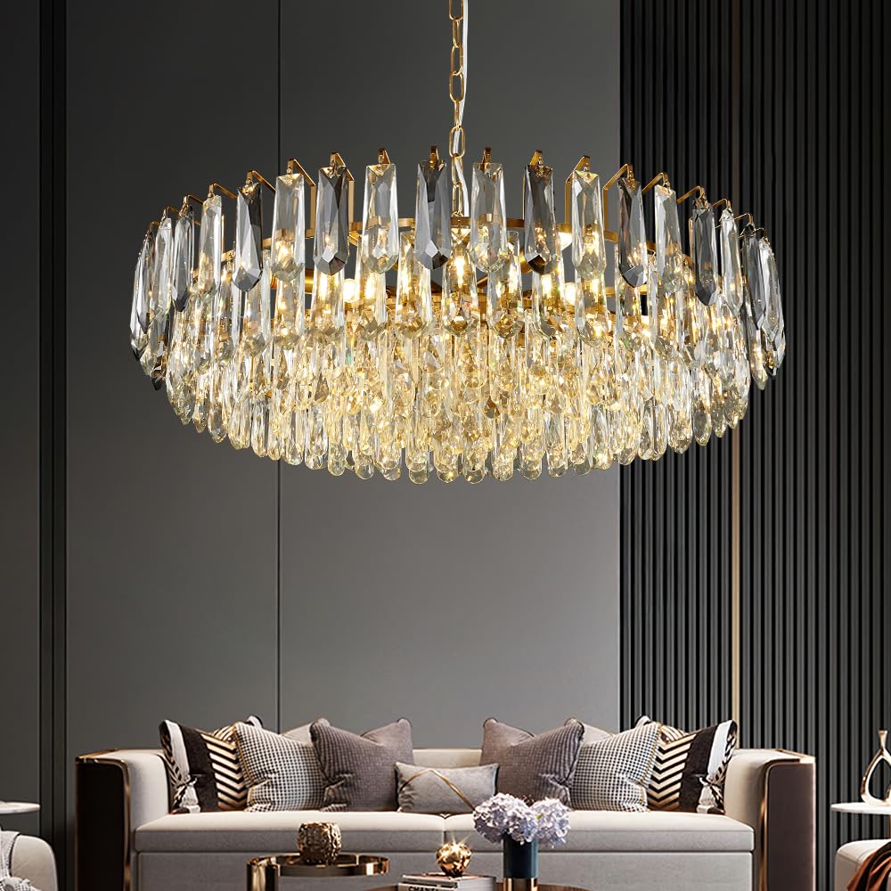 23.6" Modern Crystal Chandelier with Grey Crystal Gold 3-Tier Luxury Pendant Light 12-Light Ceiling Pendant Lighting for Dinning Room Living Room Foyer