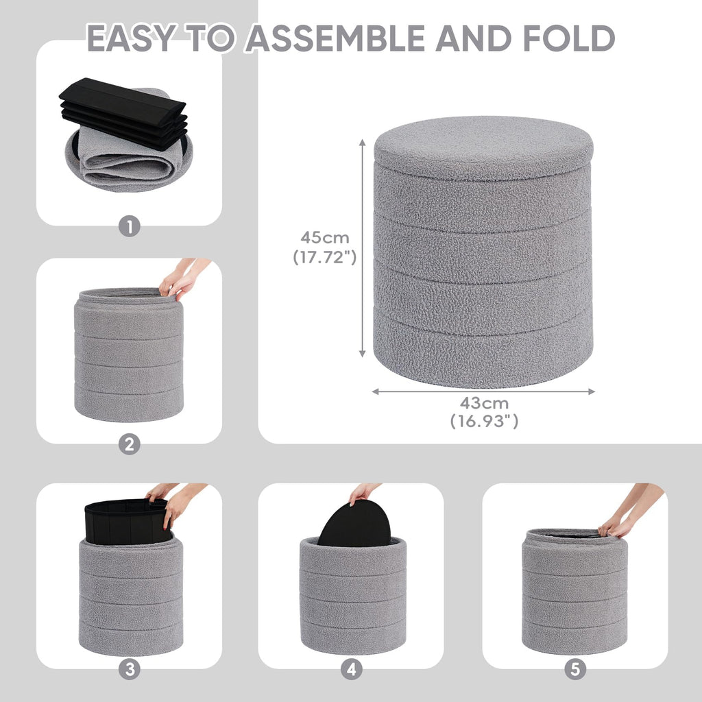 PINPLUS Round Storage Ottoman Foot Rest Stool with Tray Velvet Sherpa Folding Storage Ottoman,Boucle Foot Rest for Living Room, Bedroom, Dorm（Beige）