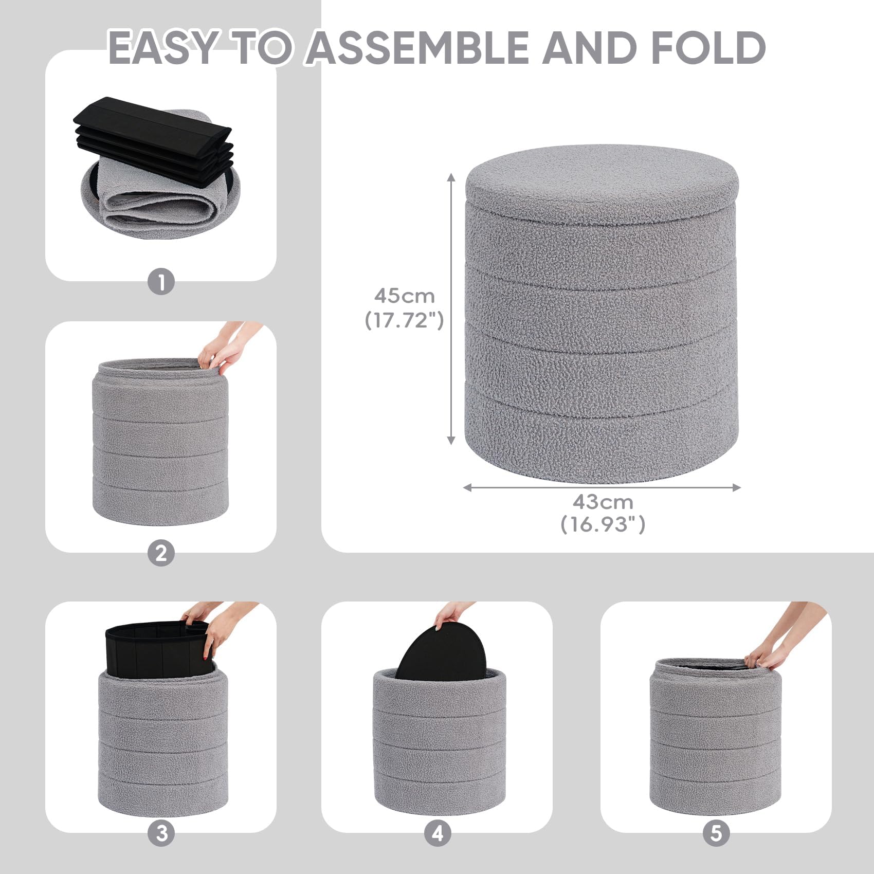 PINPLUS Round Storage Ottoman Foot Rest Stool with Tray Velvet Sherpa Folding Storage Ottoman,Boucle Foot Rest for Living Room, Bedroom, Dorm（Beige）