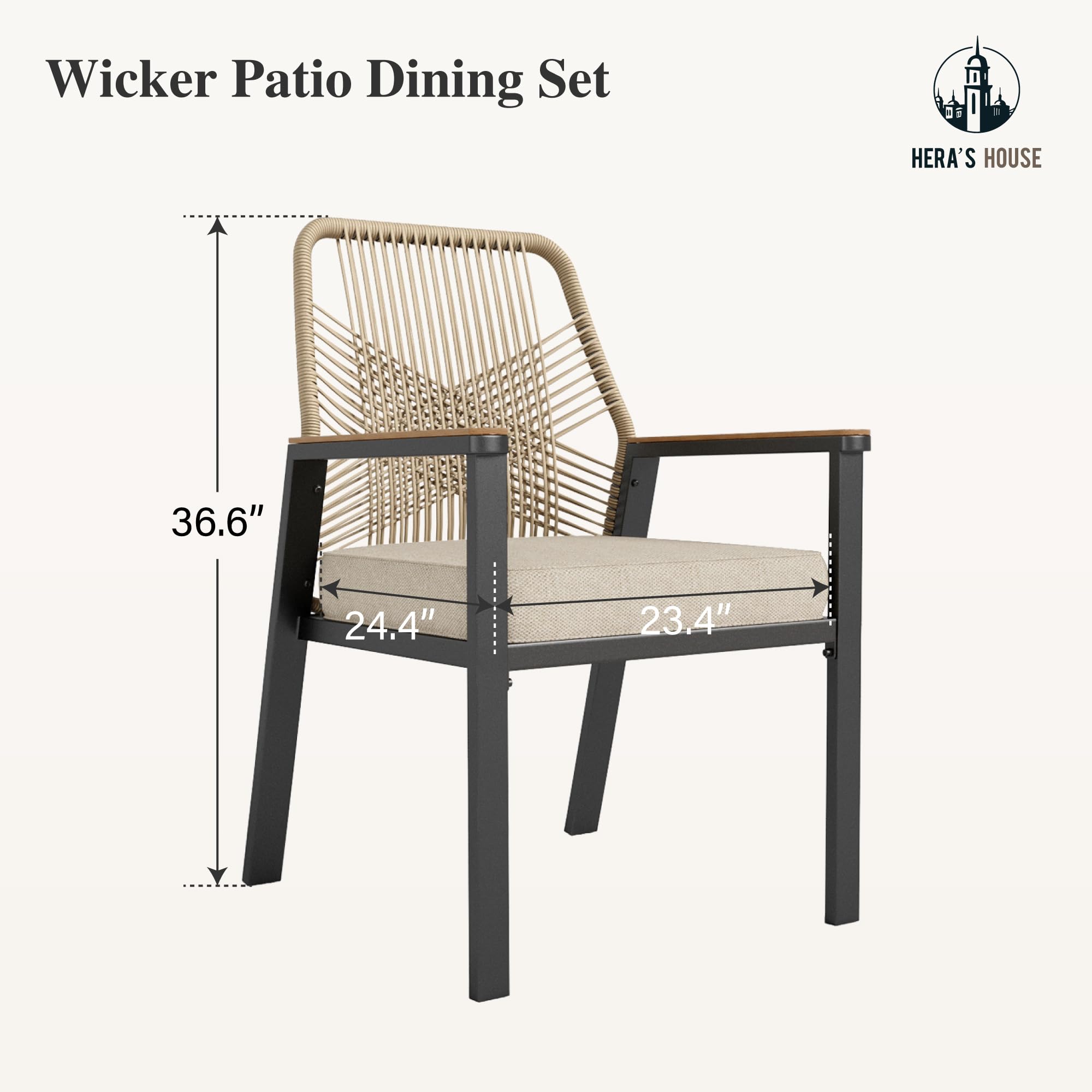 HERA'S HOUSE Outdoor Chairs Set of 2, 36.6" Rattan Dining Chairs with Heavy-Duty Wrought Iron Metal Frame, All-Weather Patio Chair for Garden Lawn Backyard Kitchen Deck