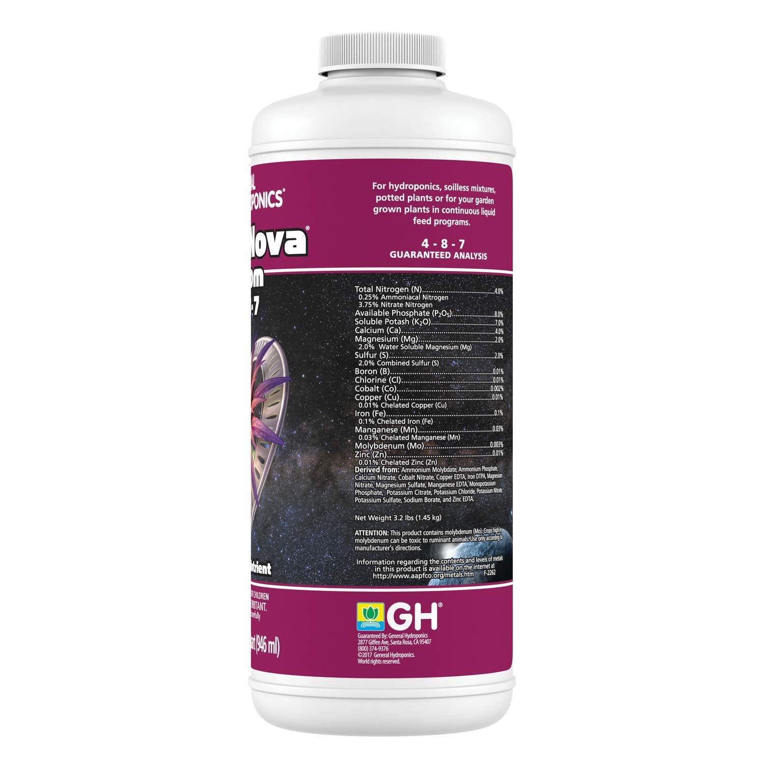 General Hydroponics HGC718805 FloraNova Grow 7-4-10, Robust Strength of Dry Fertilizer But in Rapid Liquid Form, Use for Hydroponics, Soilless Mixtures, Containers & Garden Grown Plants, 1-Gallon