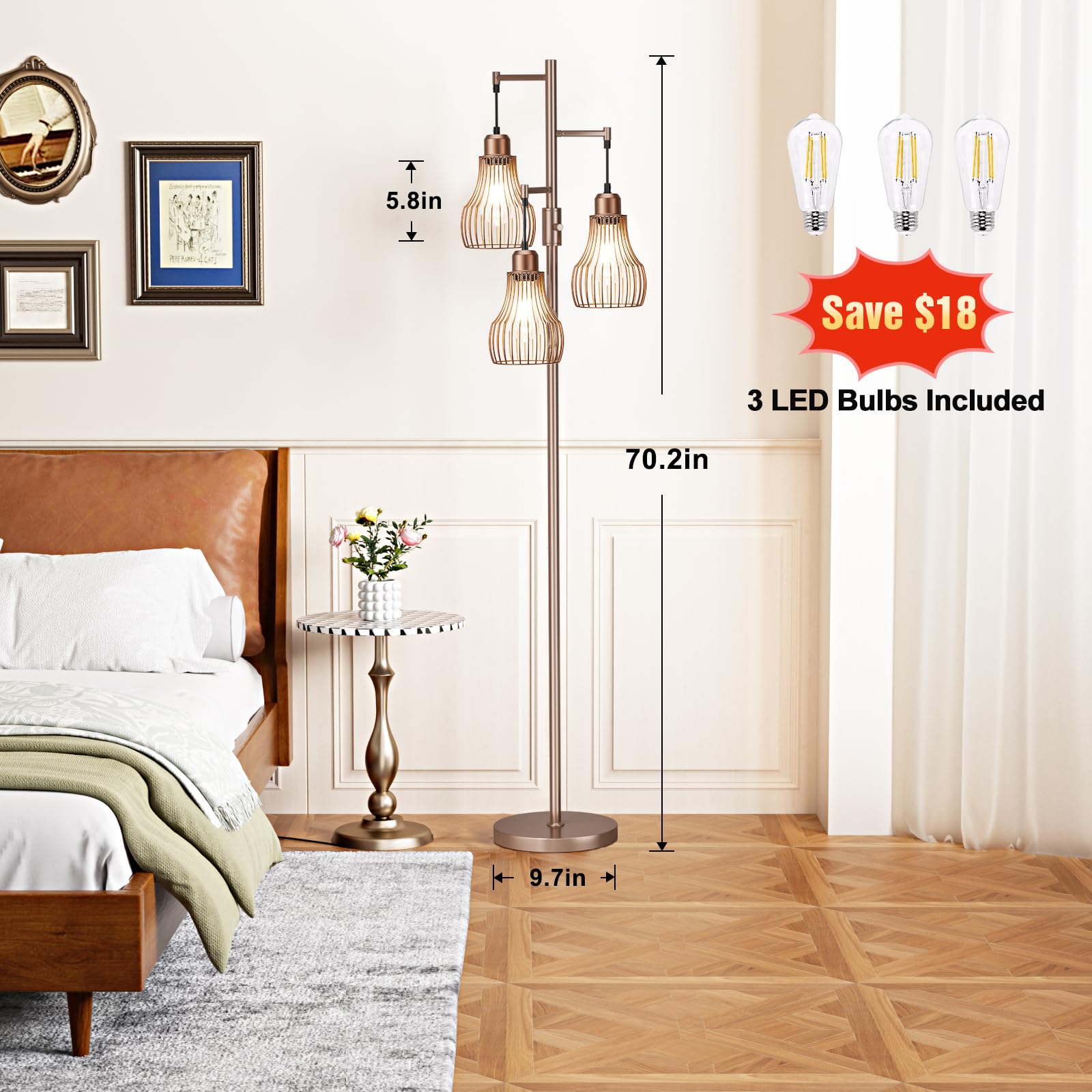 Ziisee Dimmable Floor Lamps for Living Room, Industrial Tree Standing Tall Lamps with 3 Elegant Cage Shade & 800 Lumens LED Bulbs for Bedroom Office - Brown