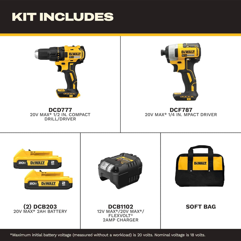 DEWALT 20V MAX Cordless Drill and Impact Driver, Power Drill Brushless 2-Tool Power Tool Combo Kit, Includes 2 Batteries, Charger and Bag (DCK277D2)