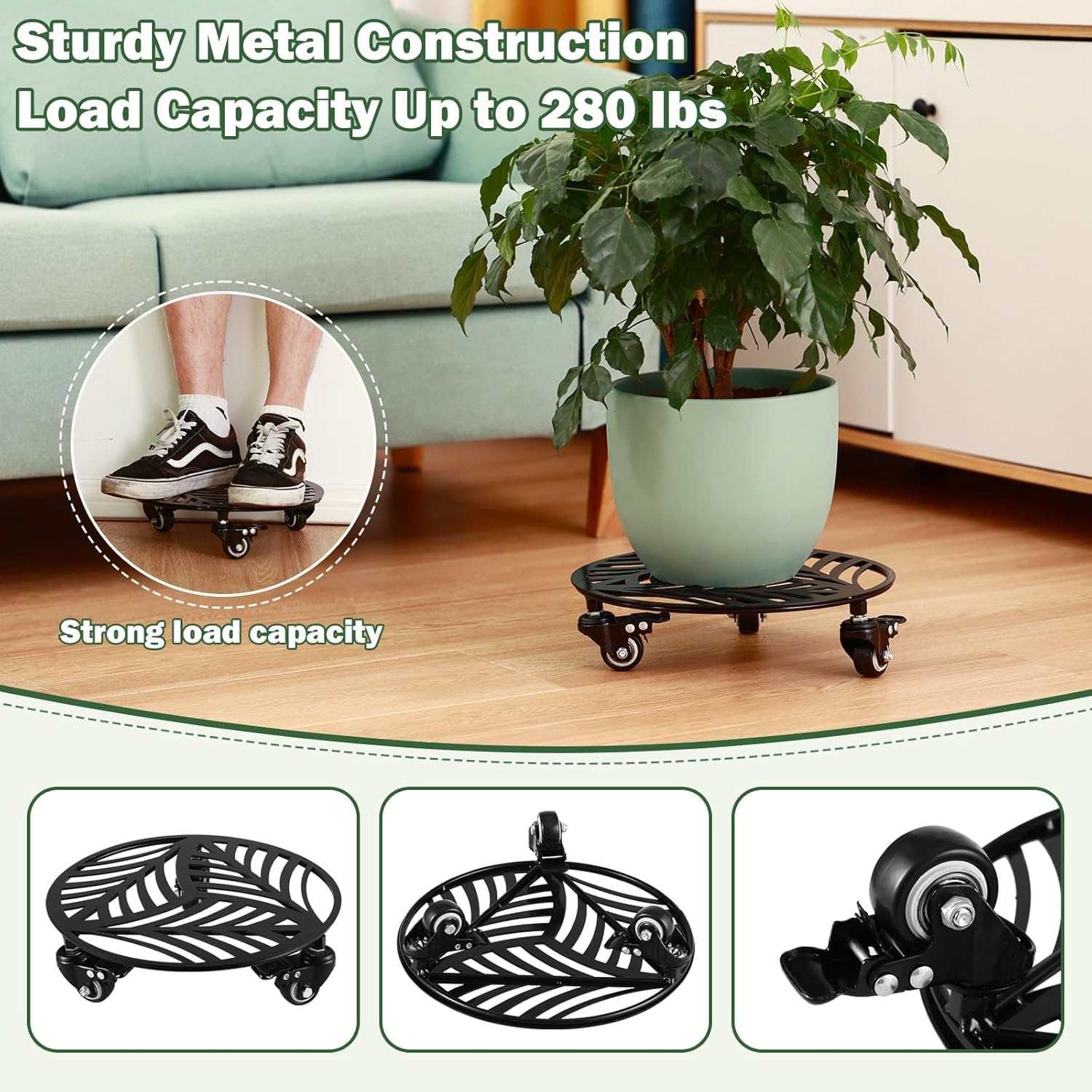 1 Pack 12 inches Large Metal Plant Caddy with 3 PU Metal Wheels Rolling Plant Stand with Casters Indoor Outdoor Wheeled Planter Roller Base Pot Movers Plant Dolly Coaster Trolley Black