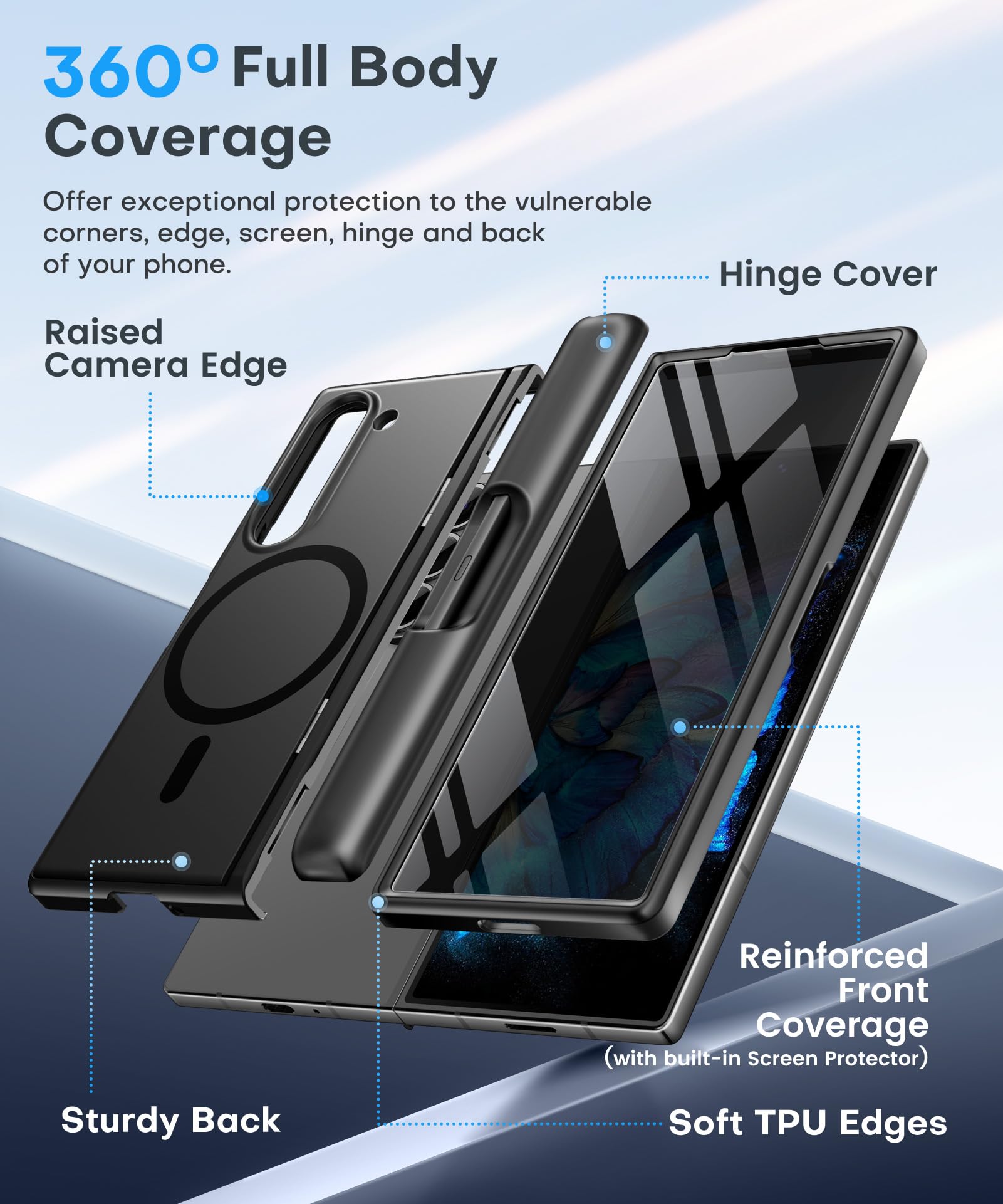 BERFY for Z Fold 6 Case with Screen Protector, [Compatible with MagSafe] Built-in Kickstand & S Pen Slot & Hinge Protection, Full Body Shockproof Phone Case for Samsung Galaxy Z Fold 6, Blue