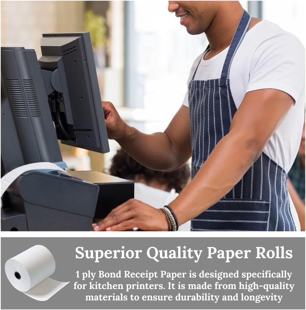BAM POS 3" x 150' 1ply Bond (Non-Thermal) Receipt Paper Rolls for Kitchen Impact Printers TMU200, SRP275 Star SP700 - Suitable For Printing Kitchen Tickets and Order receipts (12 Rolls Per Case)