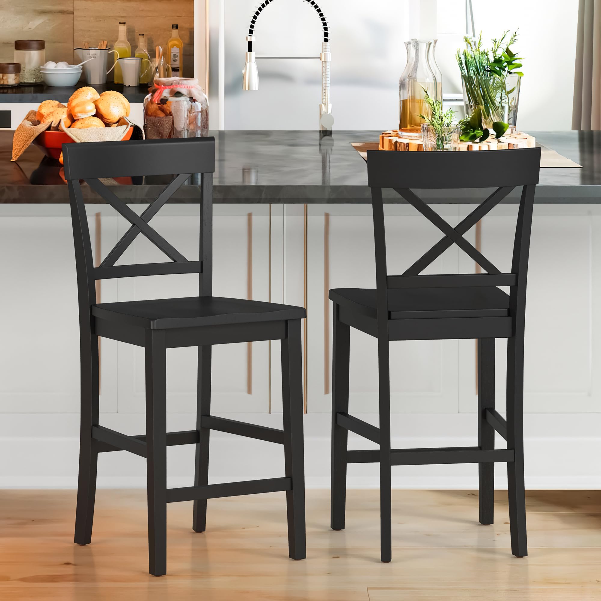 Cozyman Bar Stools Set of 2, 24" H Wooden Counter Stools with Back and Footrest, X-Back Farmhouse Barstools for Kitchen Island, Home Bar, Black