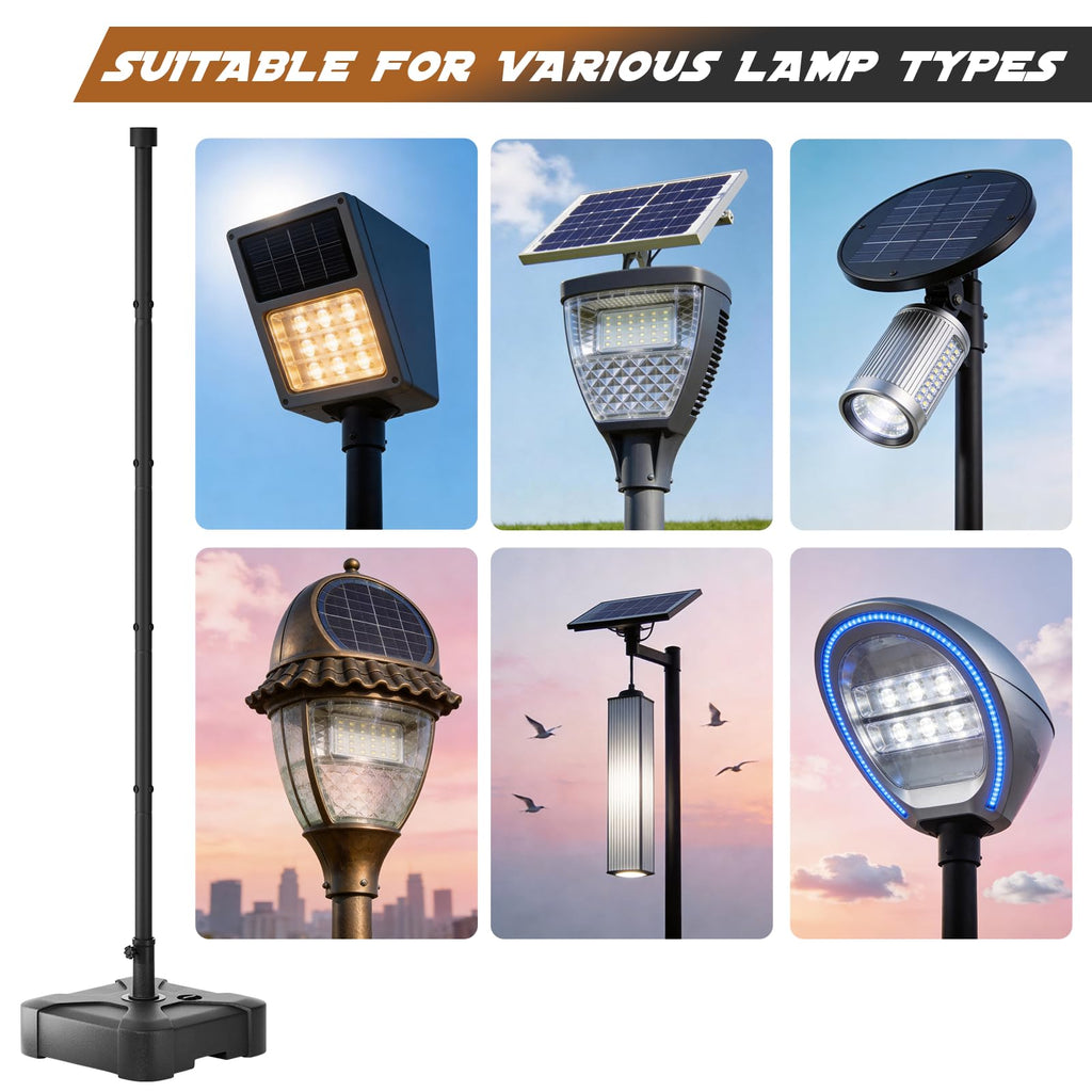 Outdoor Light Pole with Fillable Base, 8ft Cast Iron Lamp Post, 5-Section Heavy Duty Adjustable Pole for Garden, Yard, Pathway & Parking Lot, Portable Sand/Water Box Street Light Stand