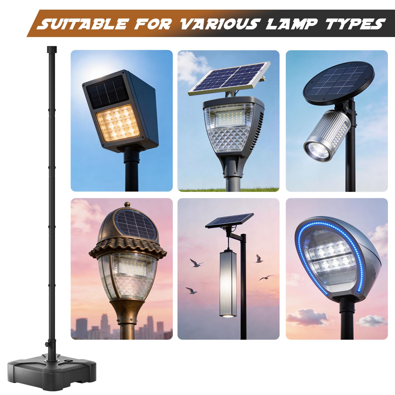 Outdoor Light Pole with Fillable Base, 8ft Cast Iron Lamp Post, 5-Section Heavy Duty Adjustable Pole for Garden, Yard, Pathway & Parking Lot, Portable Sand/Water Box Street Light Stand
