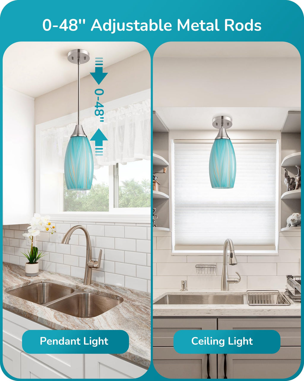 EDISHINE Pendant Light, Hand Blown Hanging Light Fixture, Adjustable Brushed Nickel Rods, 5.12" D x 11.4" H Shade, Blue Glass Pendant Lighting for Kitchen Island, Sink, Bathroom, Dining Room