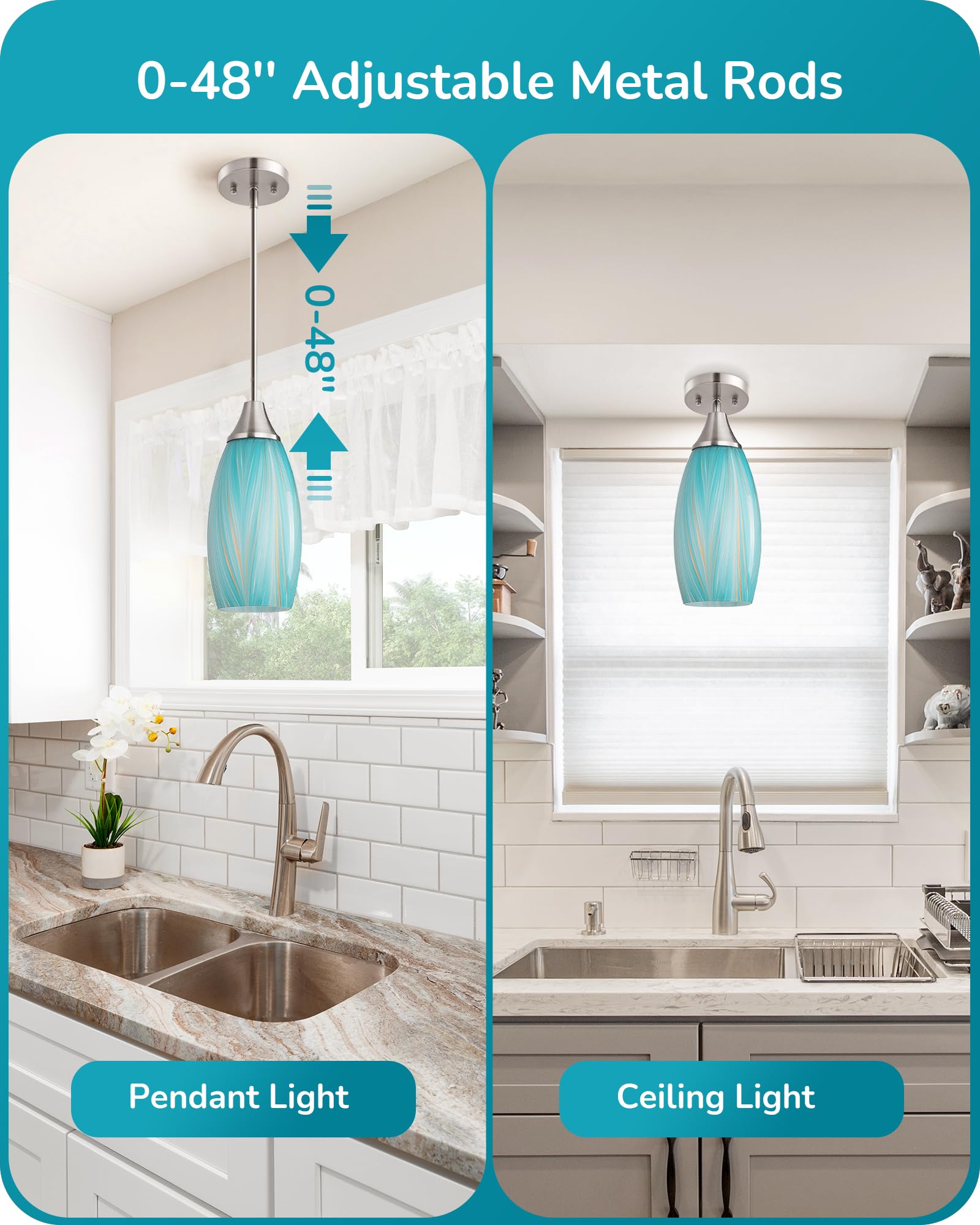 EDISHINE Pendant Light, Hand Blown Hanging Light Fixture, Adjustable Brushed Nickel Rods, 5.12" D x 11.4" H Shade, Blue Glass Pendant Lighting for Kitchen Island, Sink, Bathroom, Dining Room