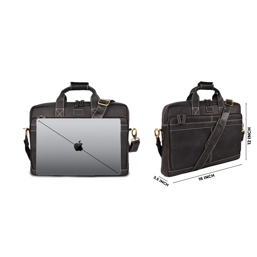 LEATHER VILLAGE 16" Leather Laptop Messenger Briefcase Bag for Men-Leather Satchel for Travel and Office Shoulder Bag-Black
