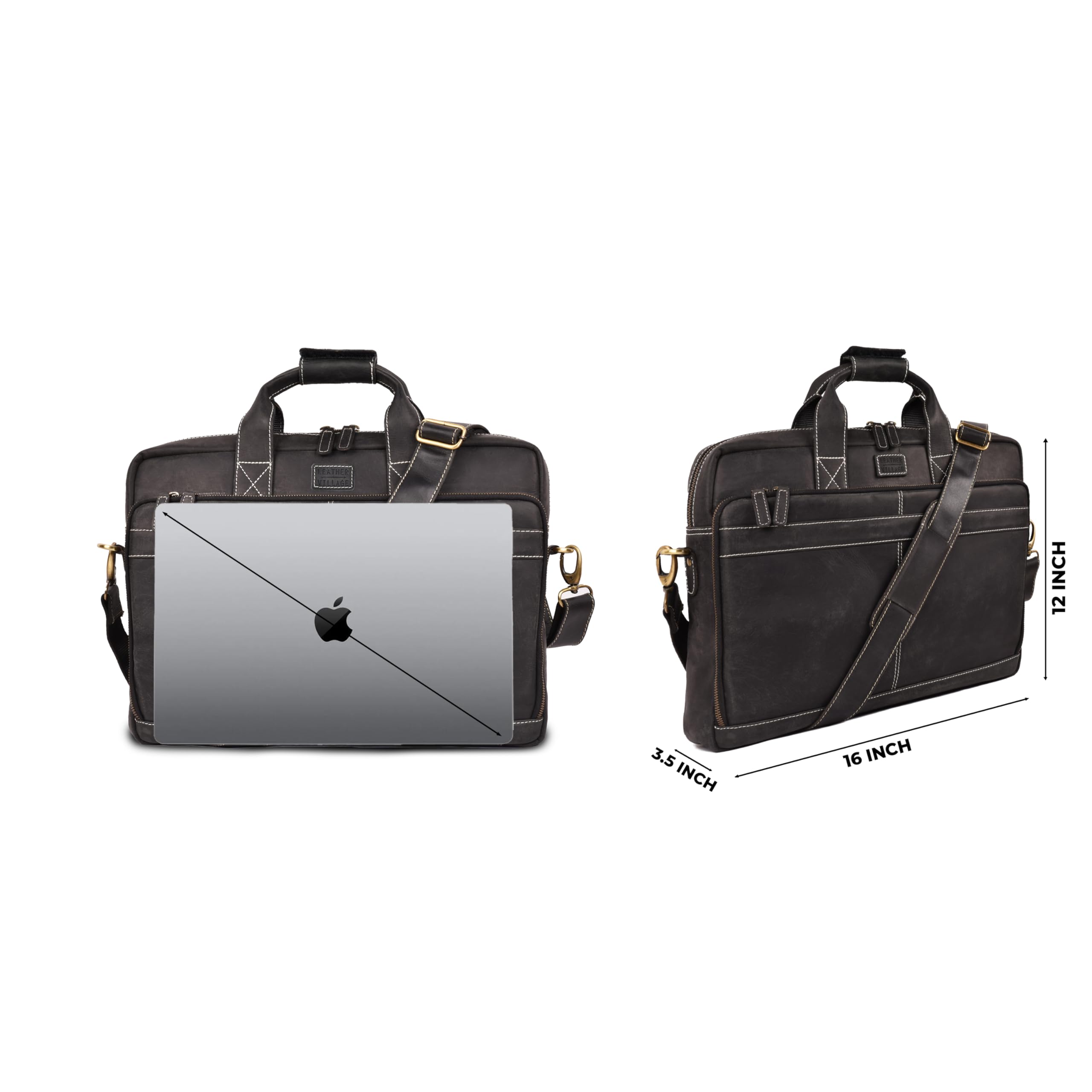 LEATHER VILLAGE 16" Leather Laptop Messenger Briefcase Bag for Men-Leather Satchel for Travel and Office Shoulder Bag-Black