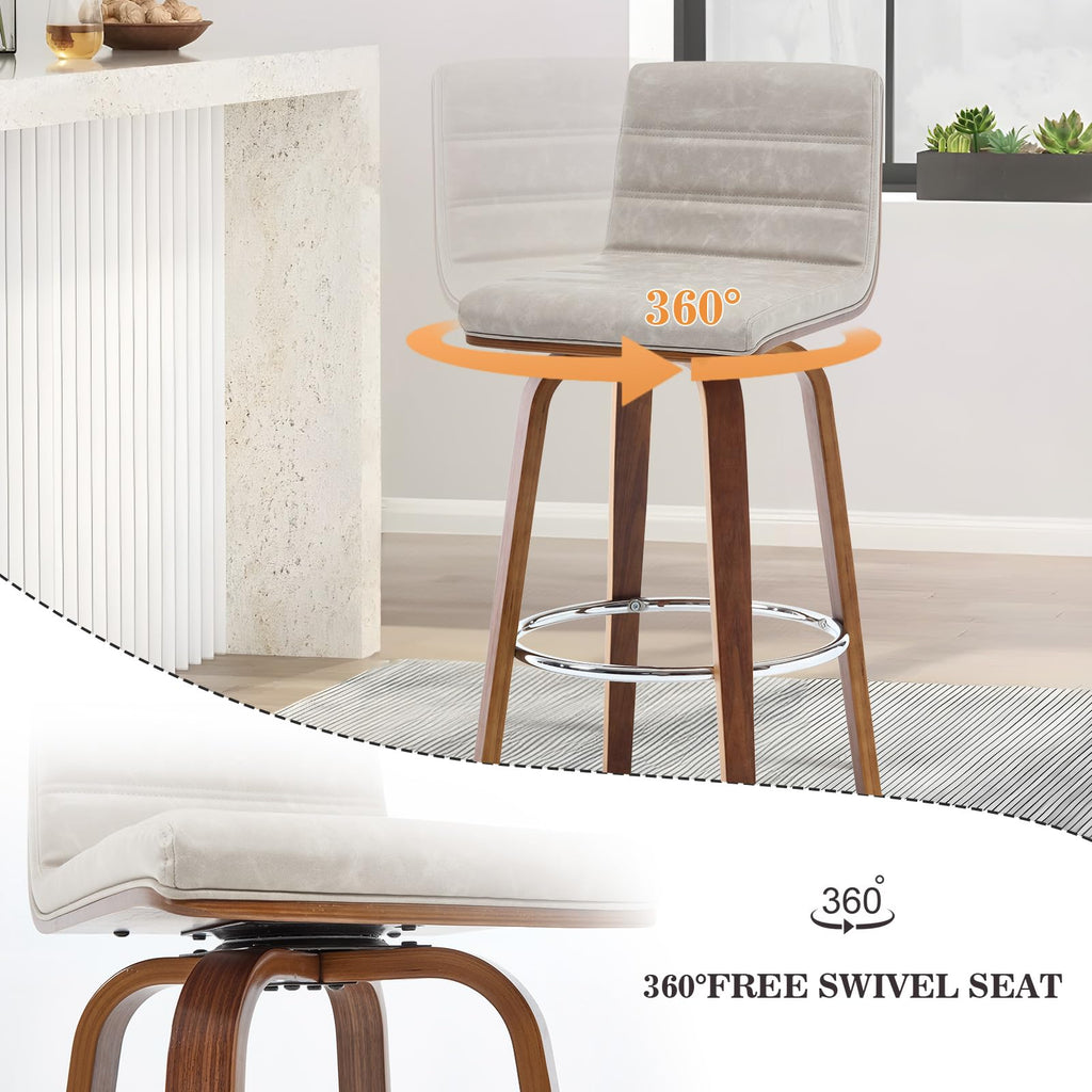 Bar Stools 29 Inch Bar Height, Swivel Bar Stools with Backs Upholstered PU Leather Barstool, L Shape Back and Padded Seat, Mid-Century Modern Bar Stool Pub Chairs for Kitchen Counter Island, Black