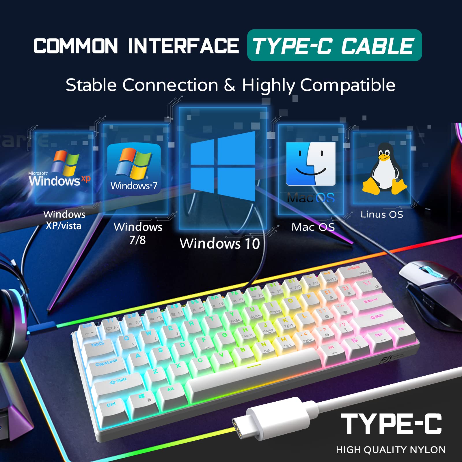 RK ROYAL KLUDGE RK61 Wired 60% Mechanical Gaming Keyboard Programmable QMK/VIA RGB Backlit 61 Keys Ultra-Compact Hot Swappable Brown Switch Black