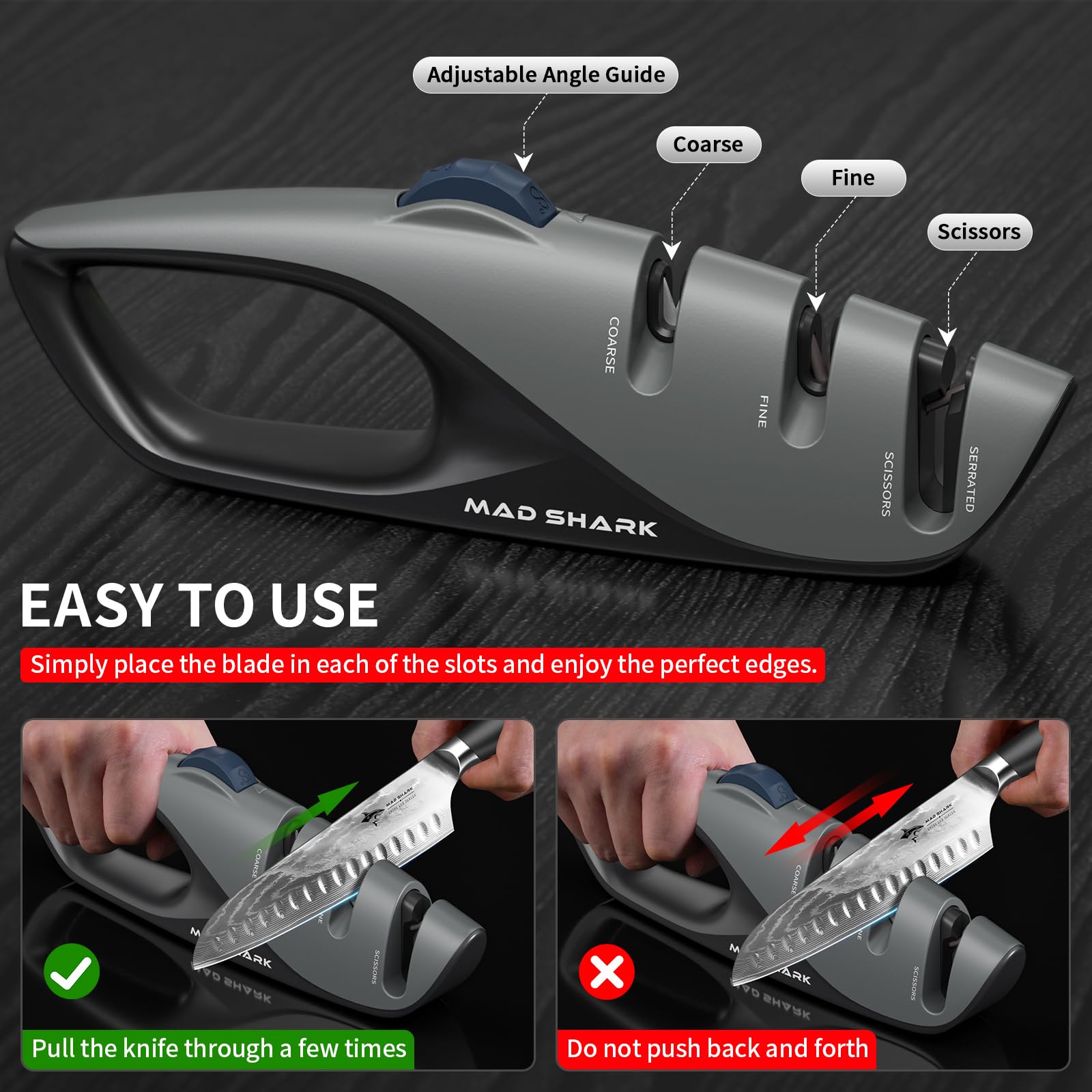 MAD SHARK 1-Button 3-Stage Knife Sharpener - Adjustable Diamond & Ceramic, No-Scratch ABS Body for All Kitchen/Pocket Knives,Repairs, Sharpens & Polishes,One-Handed Operation with Non-Slip Base