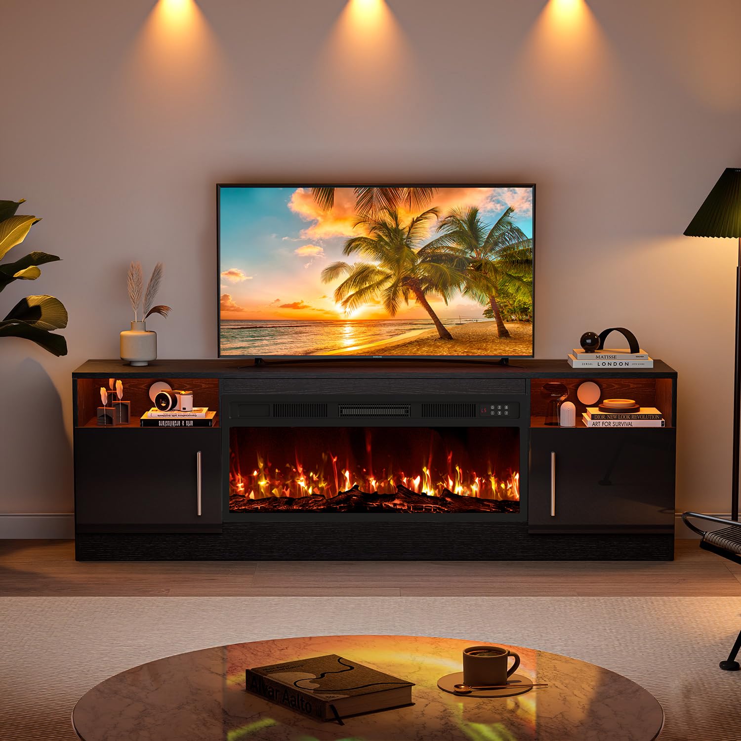 VITESSE 58 Inches Fireplace TV Stand for TVs up to 65 Inches Console with 18'' Electric Fireplace & Remote,Wooden Modern Entertainment Center for Living Room with LED Light Glass Shelves（Bei）