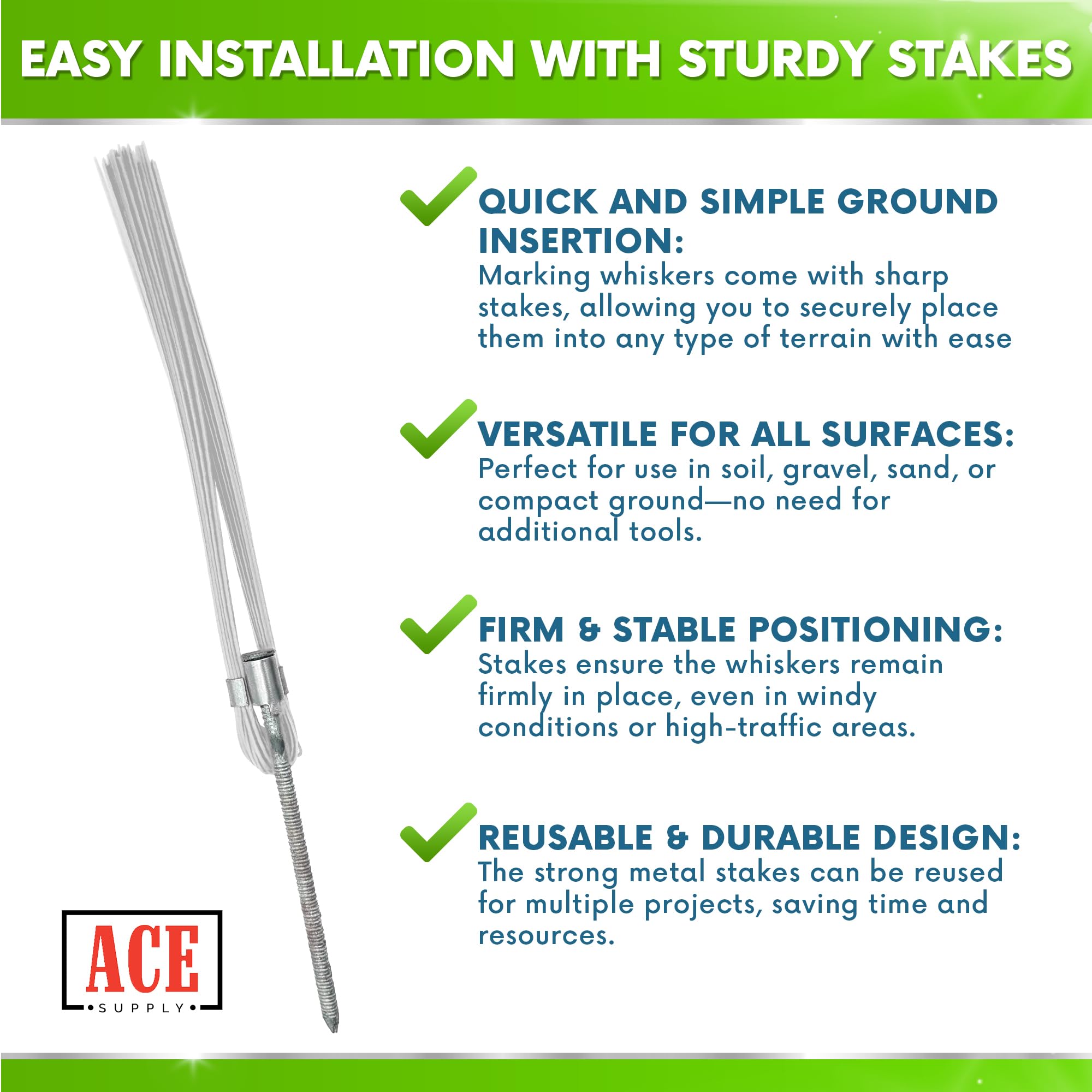 Blue Marking Whiskers With Stakes - 25 Pack - Durable Marking Whisker Set - Use Survey Whiskers As Ground Markers, Construction Markers, Or Trail Markers
