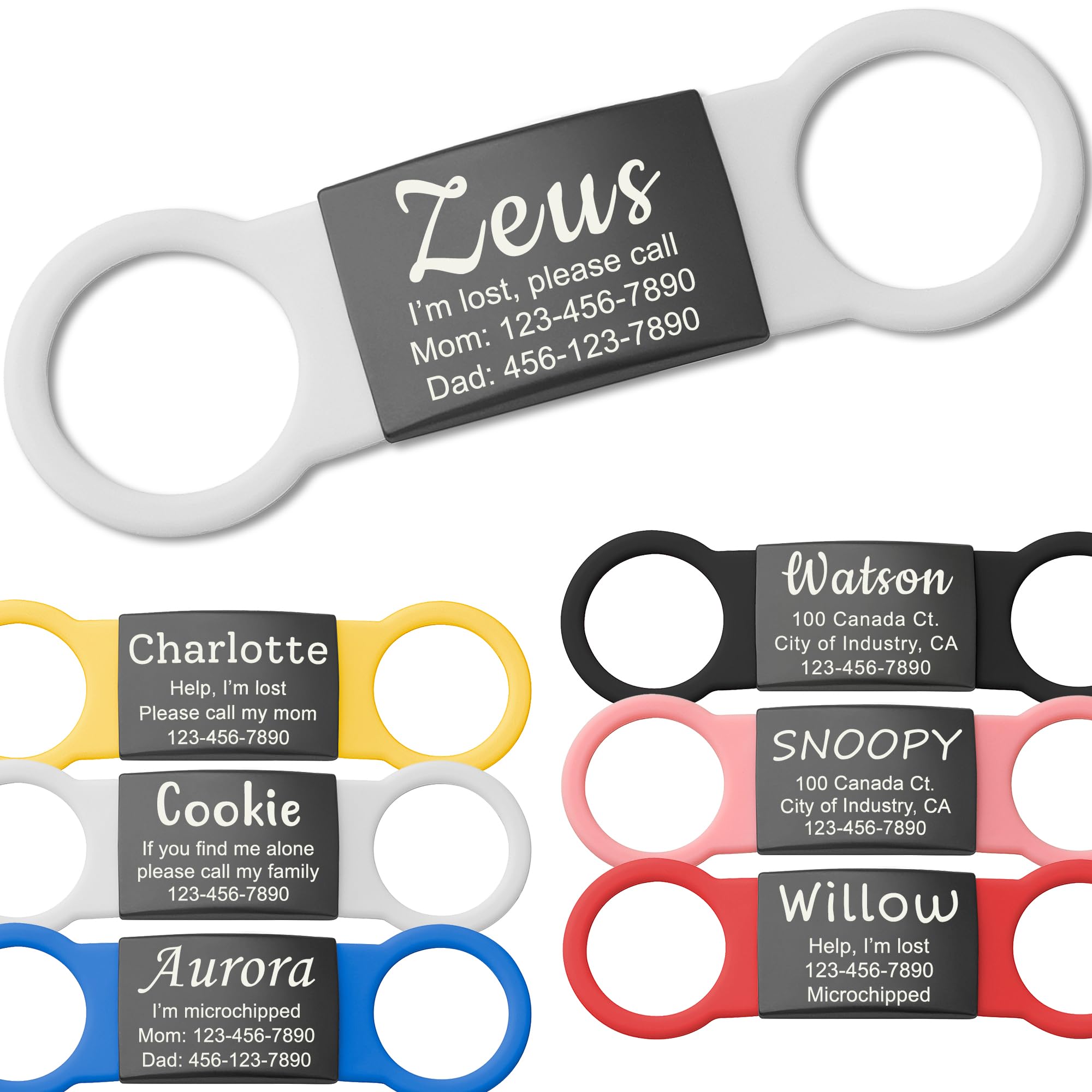 Anavia Slide On Silent Pet ID Tags, S/M/L/XL Personalized Black Stainless Steel Colored Silicone Cat Dog Name Tag, Customized Engraved Nameplate, Quiet Chew-Proof Pet Collar Tag (Black, Small)