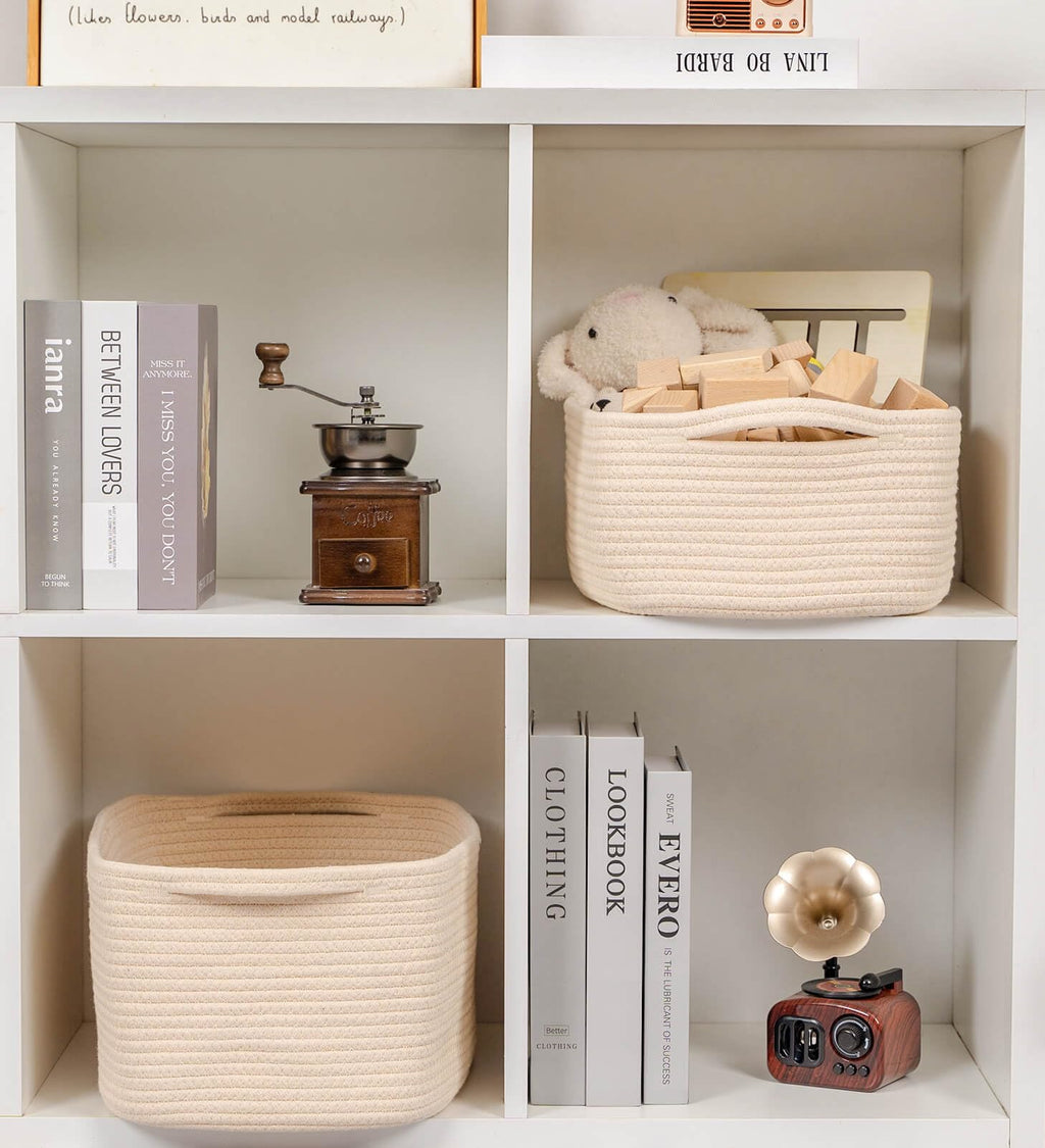 CubesLand Rectangular Cotton Rope Basket, 14x10x5 Inches, Beige, Nursery Storage Bin